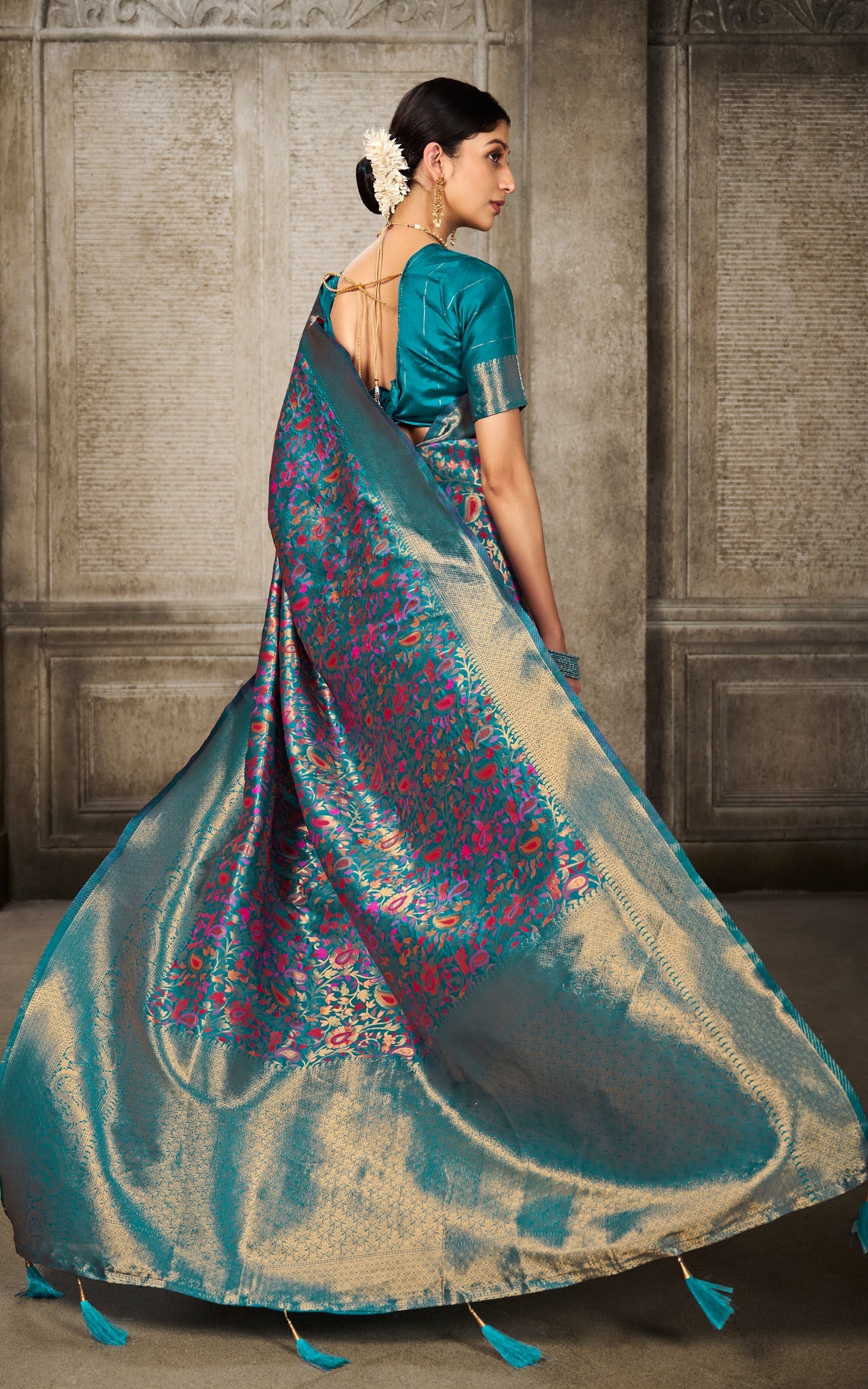 Woven Pashmina Silk Saree In Turquoise with Antique Gold and Multicolored Minakari Thread Work