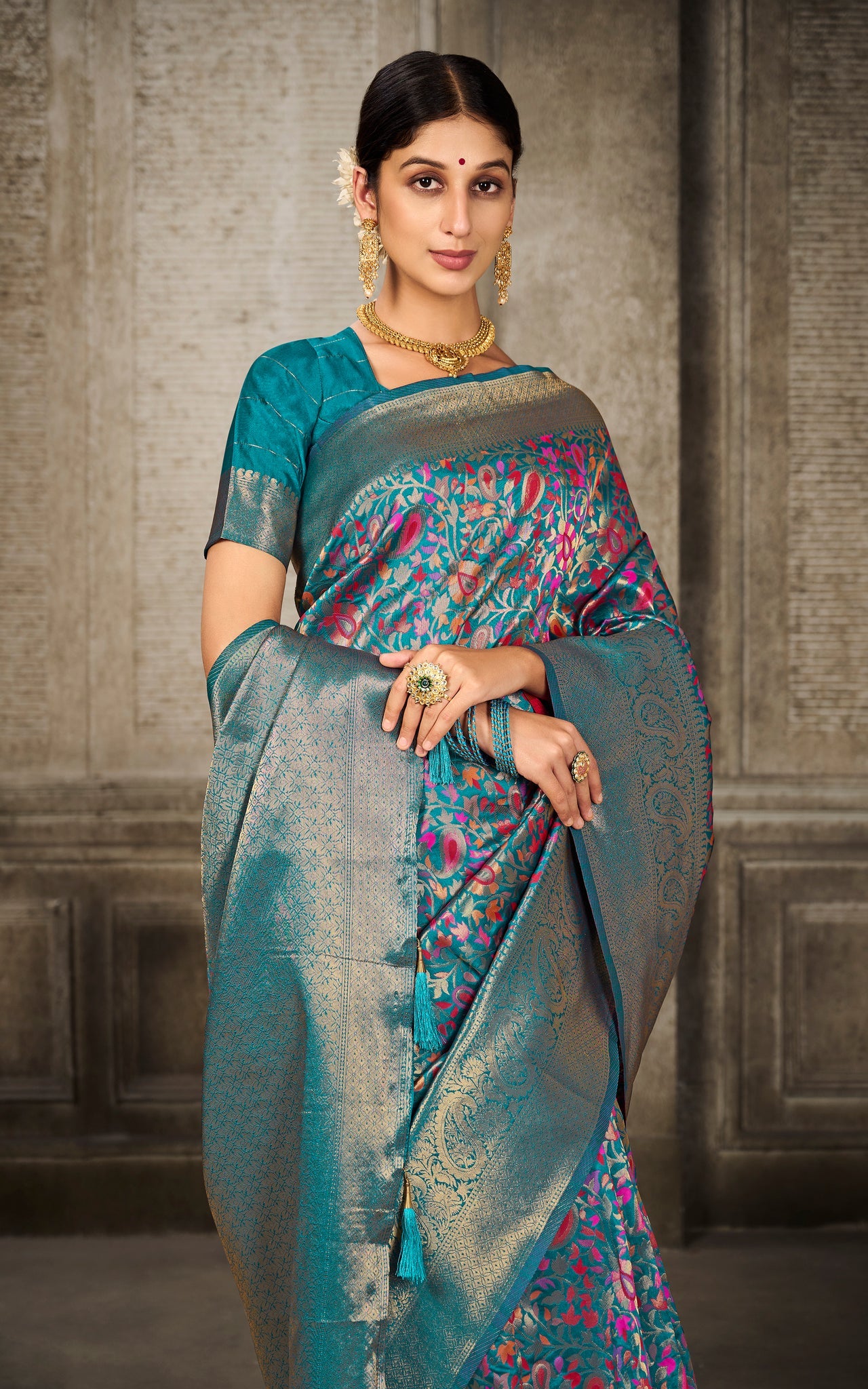 Woven Pashmina Silk Saree In Turquoise with Antique Gold and Multicolored Minakari Thread Work