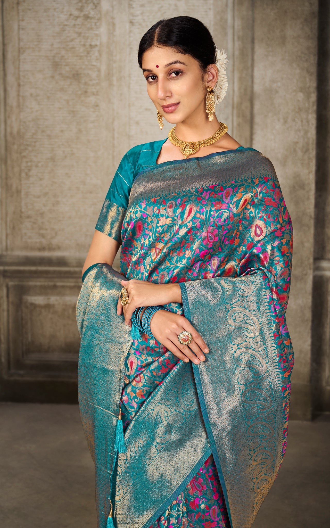 Woven Pashmina Silk Saree In Turquoise with Antique Gold and Multicolored Minakari Thread Work