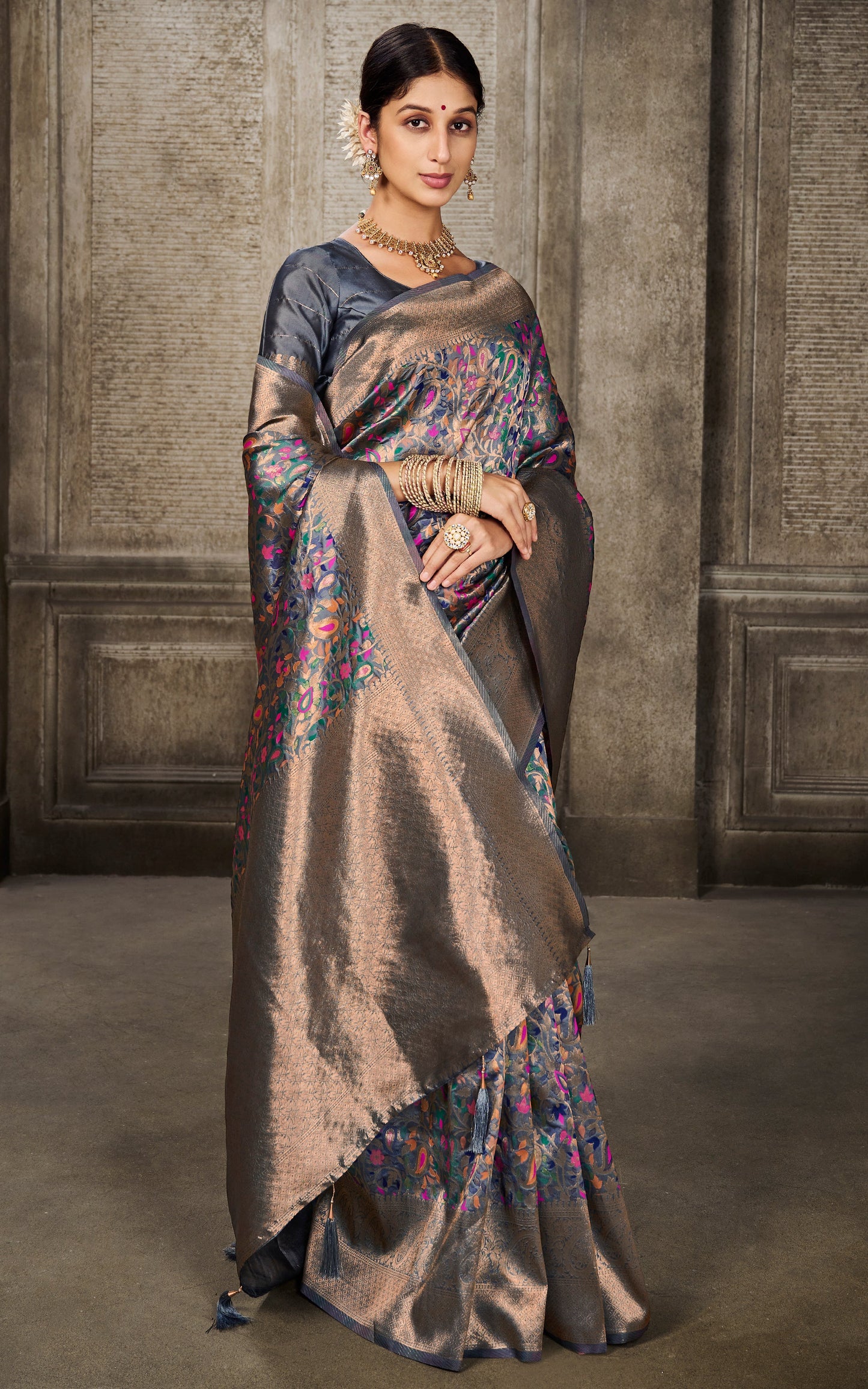 Woven Pashmina Silk Saree In Dark Grey with Antique Gold and Multicolored Minakari Thread Work