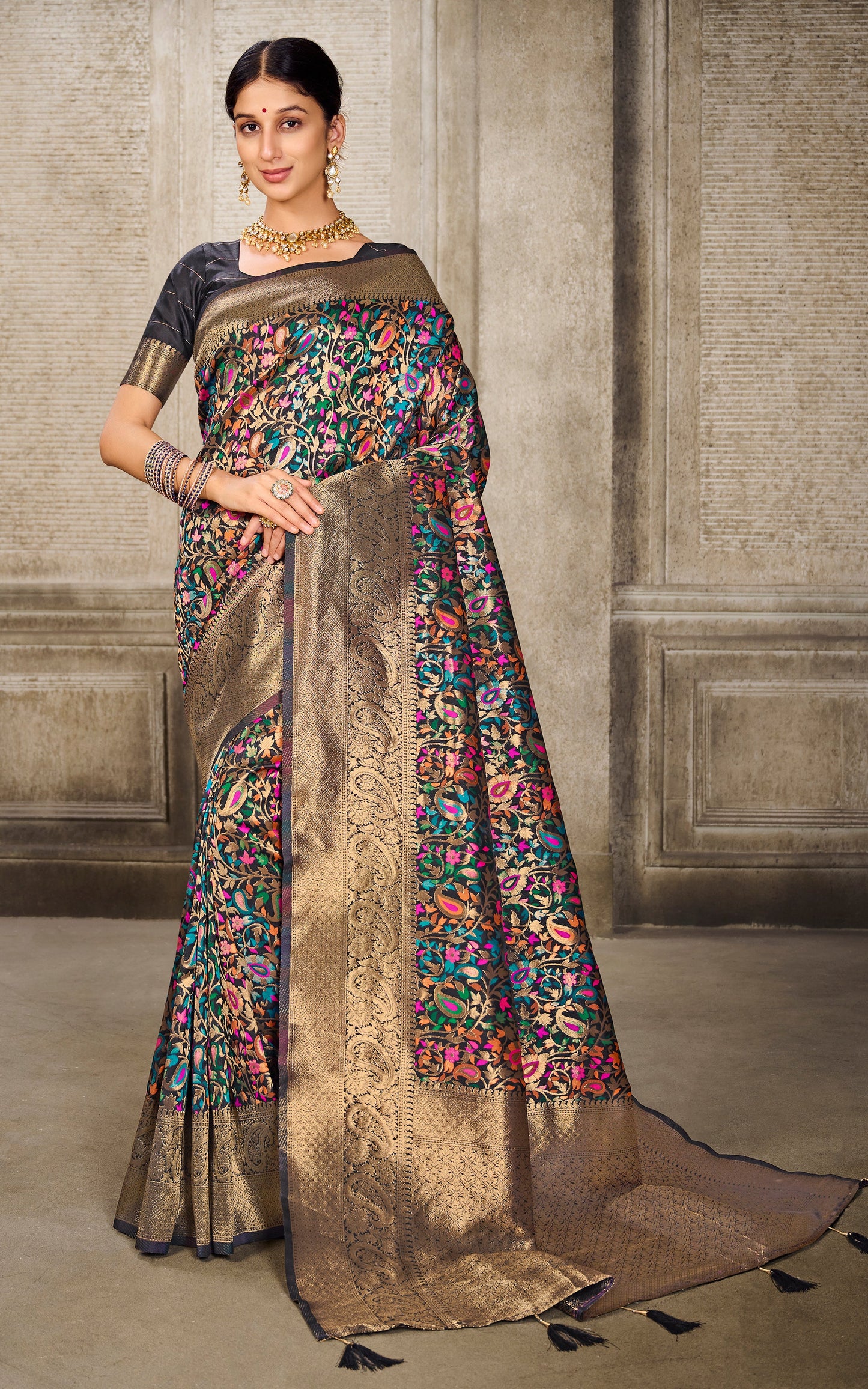 Woven Pashmina Silk Saree In Black with Antique Gold and Multicolored Minakari Thread Work (Copy)