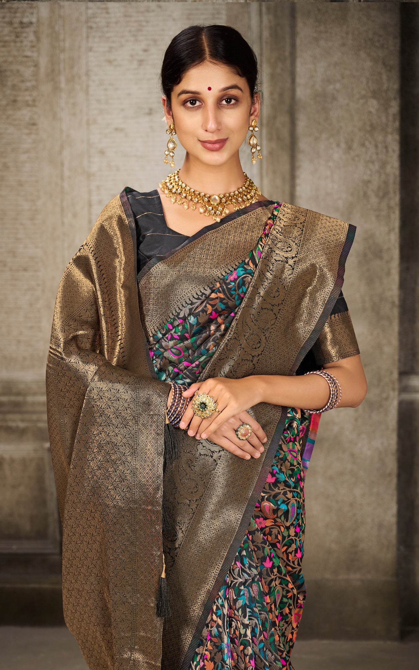 Woven Pashmina Silk Saree In Black with Antique Gold and Multicolored Minakari Thread Work (Copy)