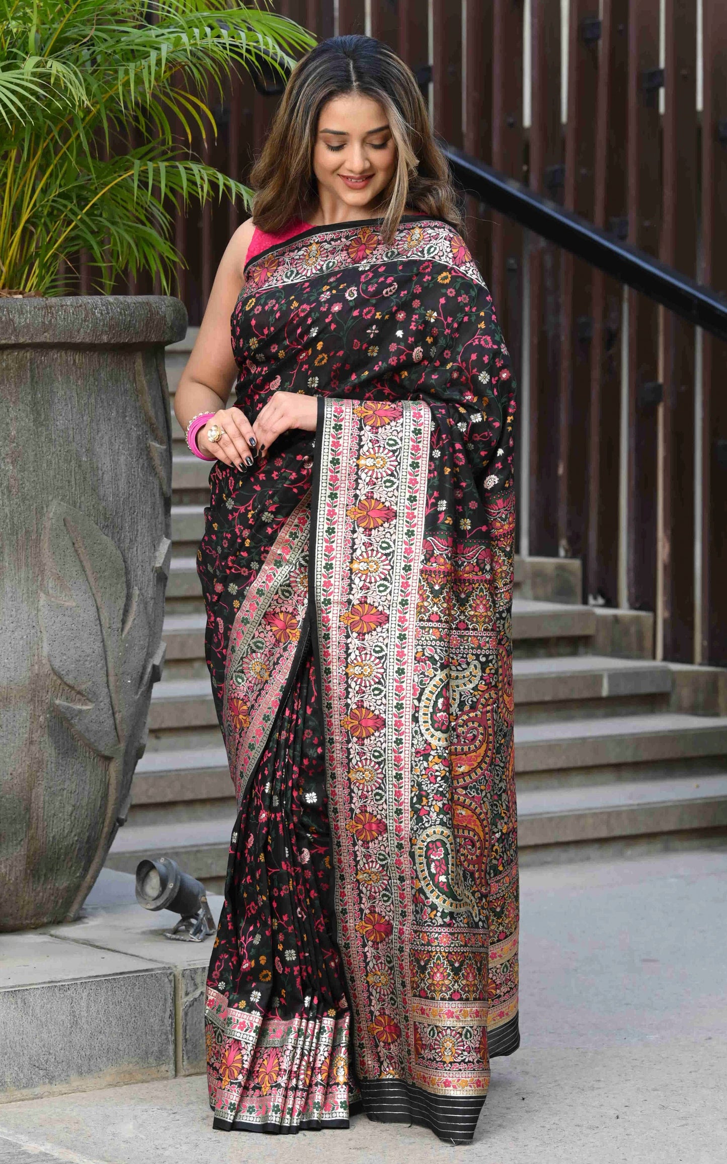 Woven Raaga Pashmina Silk Saree in Black with Antique Gold and Multicolored Minakari Thread Work