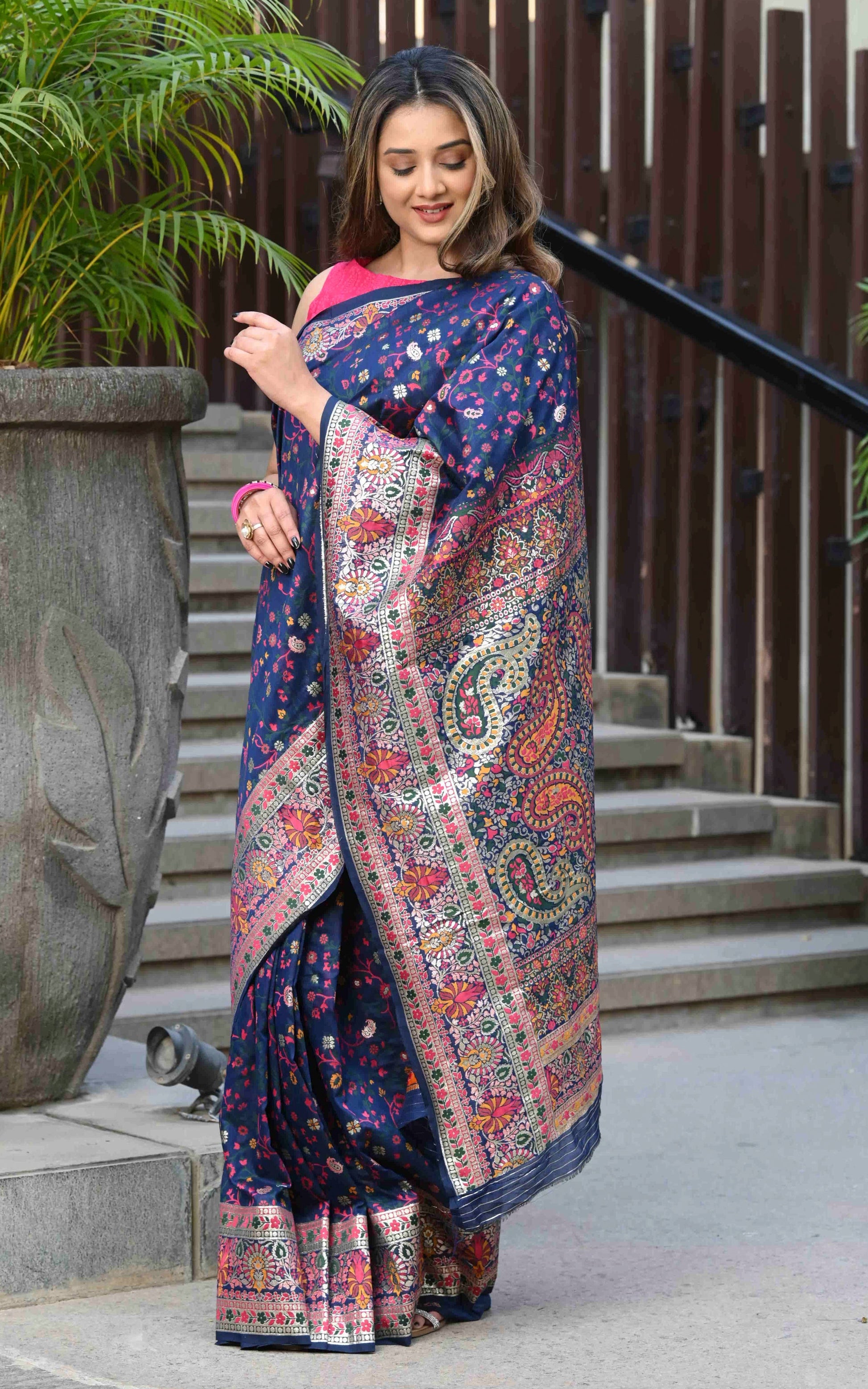 Woven Raaga Pashmina Silk Saree in Midnight Blue with Antique Gold and Multicolored Minakari Thread Work