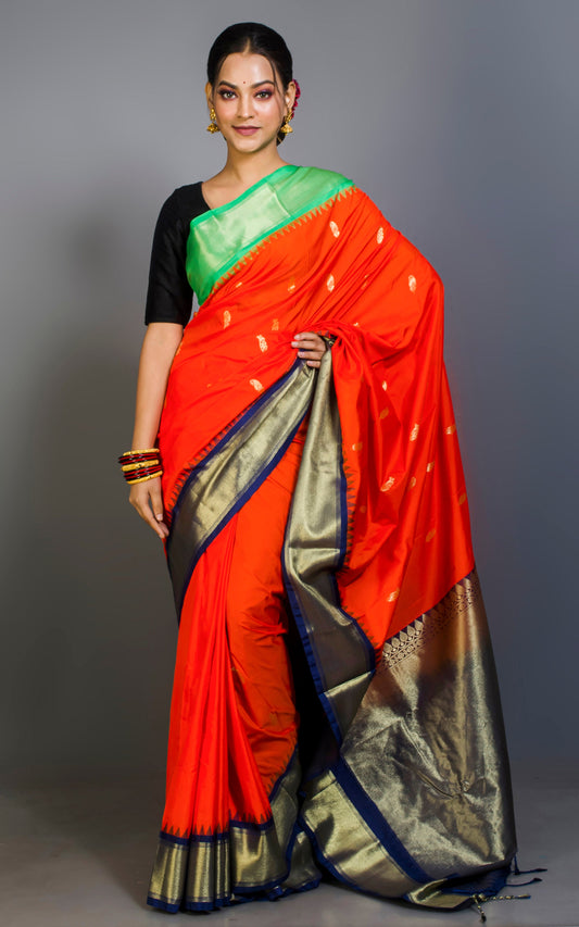 Blended Gadwal Silk Saree in Bright Orange, Seafoam Green and Navy Blue