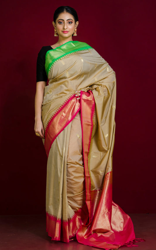 Blended Gadwal Silk Saree in Light Khaki Brown, Seafoam Green and Hot Pink