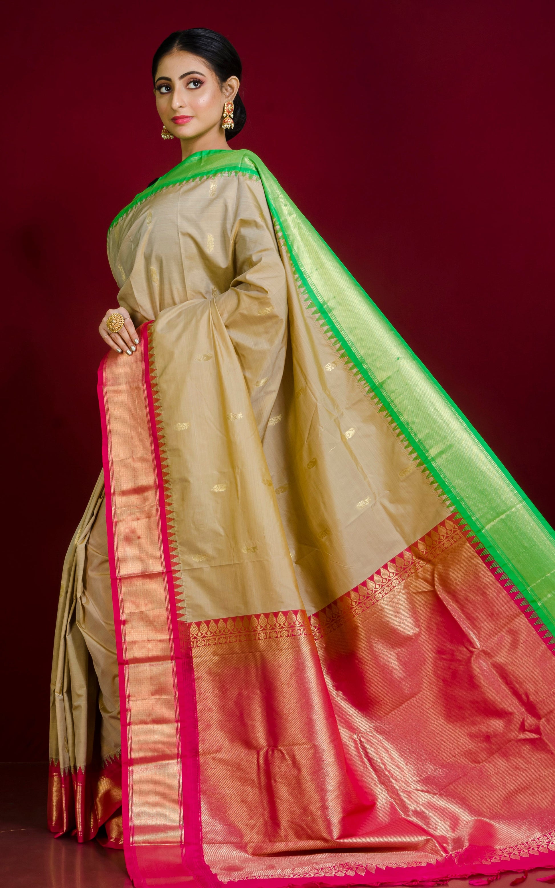 Blended Gadwal Silk Saree in Light Khaki Brown, Seafoam Green and Hot Pink