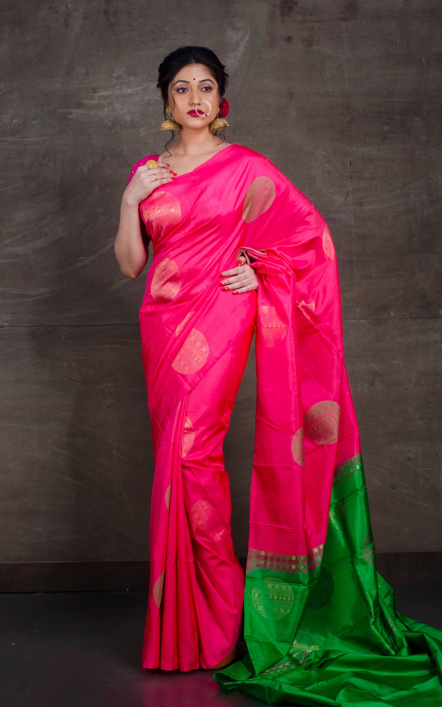 Soft Silk Poth Kanchipuram Silk Saree in Rose Pink, Green and Gold