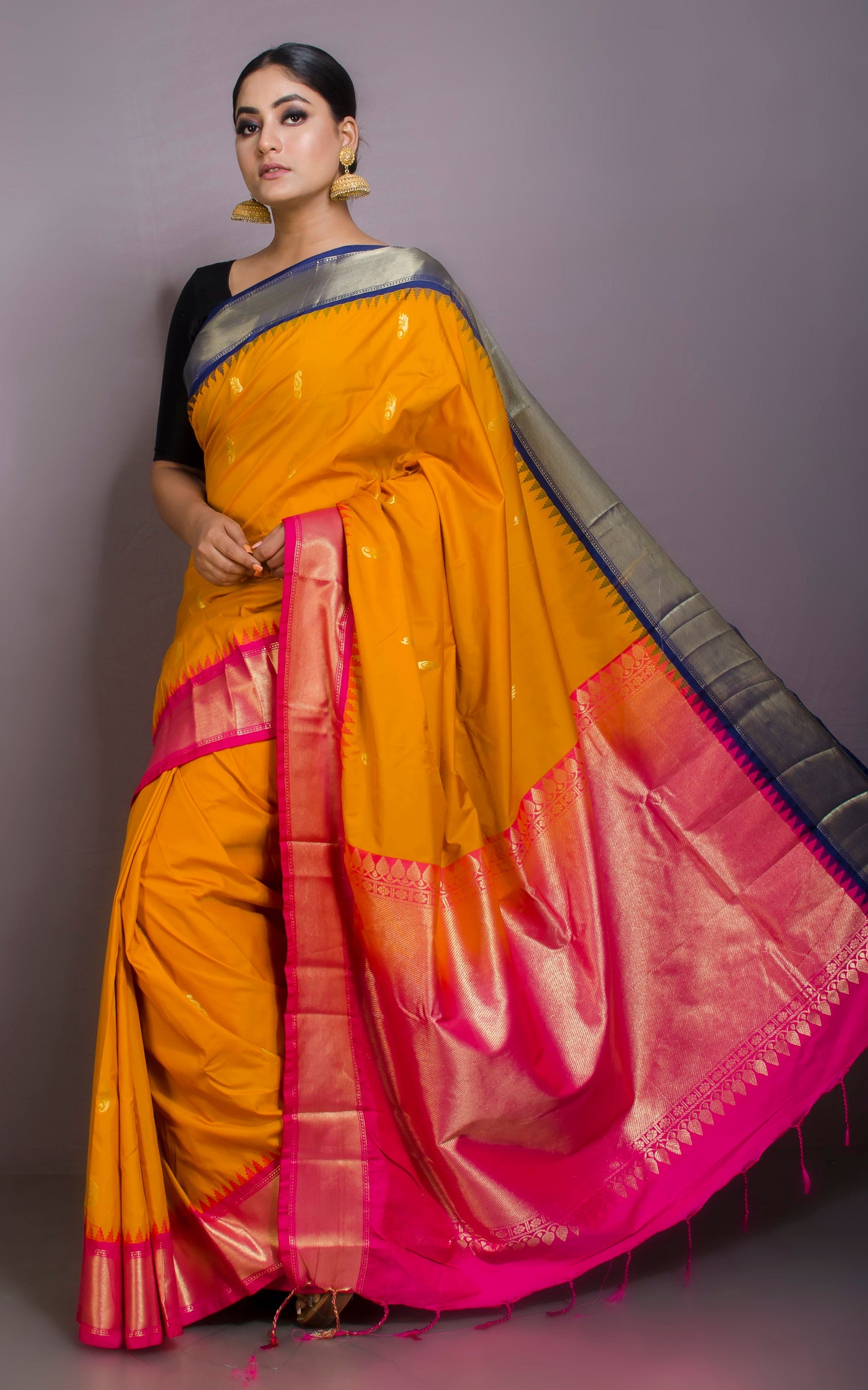 Blended Gadwal Silk Saree in Golden Yellow, Midnight Blue and Hot Pink