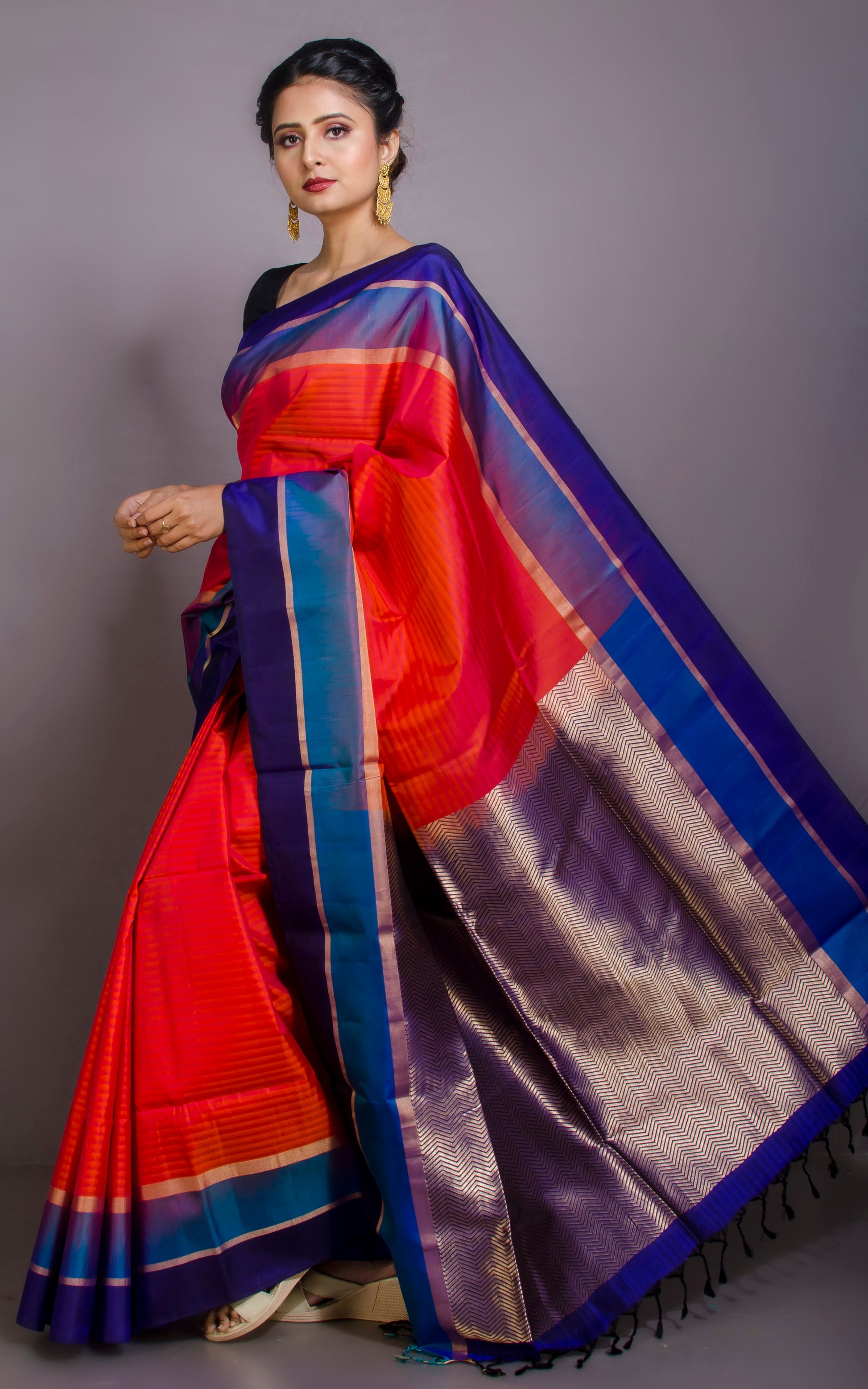 Soft Silk Metro Border Kanchipuram Silk Saree in Deep Peach, Electric Blue, Dark Blue and Brush Gold