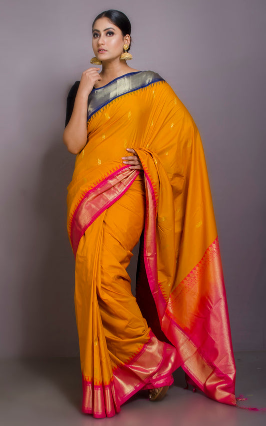 Blended Gadwal Silk Saree in Golden Yellow, Midnight Blue and Hot Pink