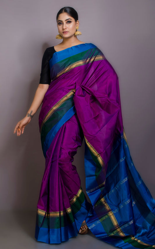 Soft Arani Pure Silk Saree in Dark Magenta, Pine Green and Sapphire Blue