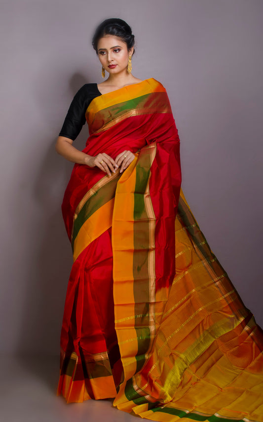 Soft Arani Pure Silk Saree in Red, Olive Green and Apricot Orange