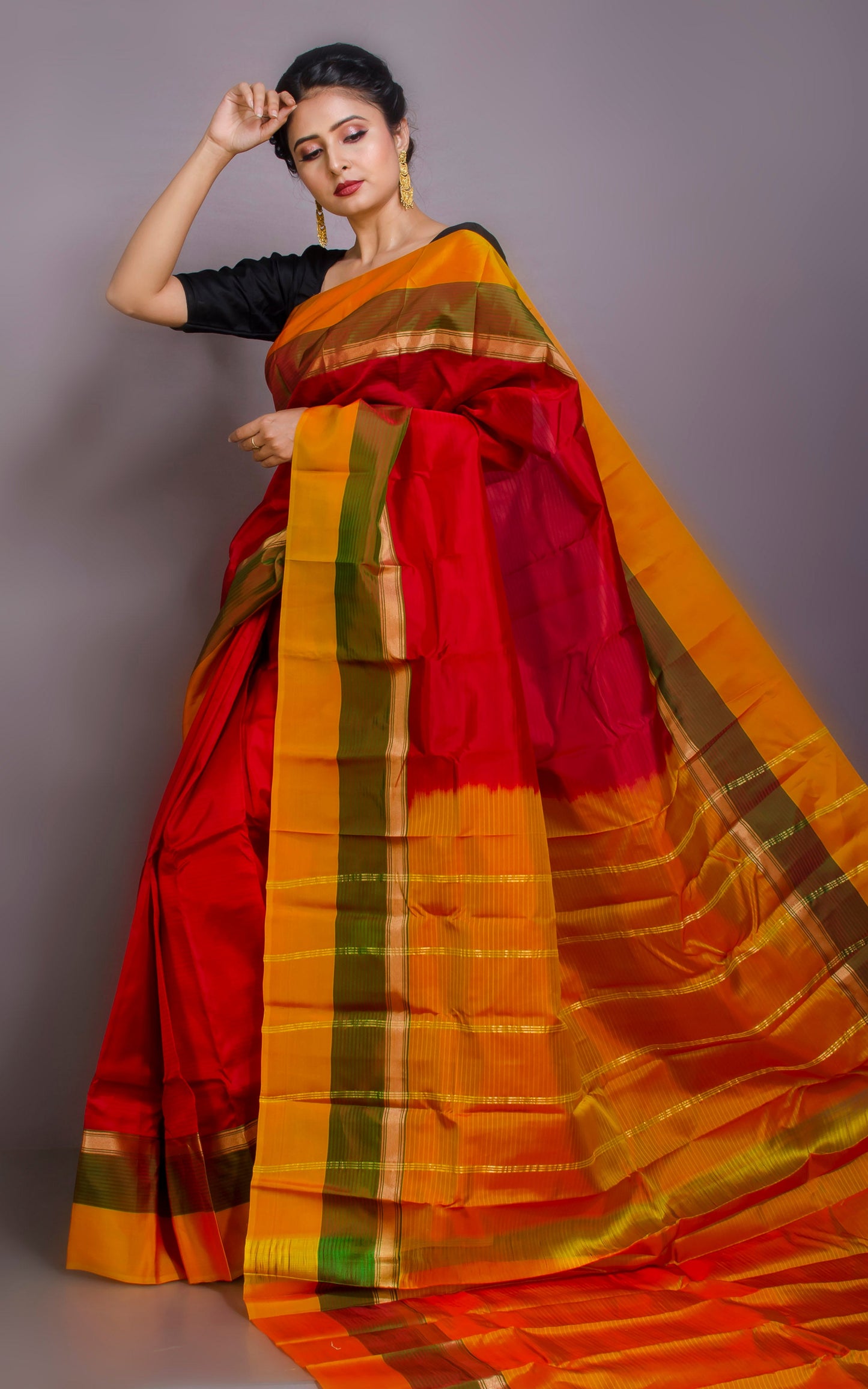 Soft Arani Pure Silk Saree in Red, Olive Green and Apricot Orange