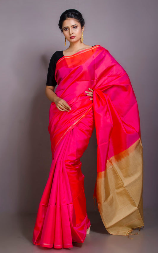 Soft Silk Kanchipuram Silk Saree in Hot Neon Pink, Caramel and Gold Zari Work