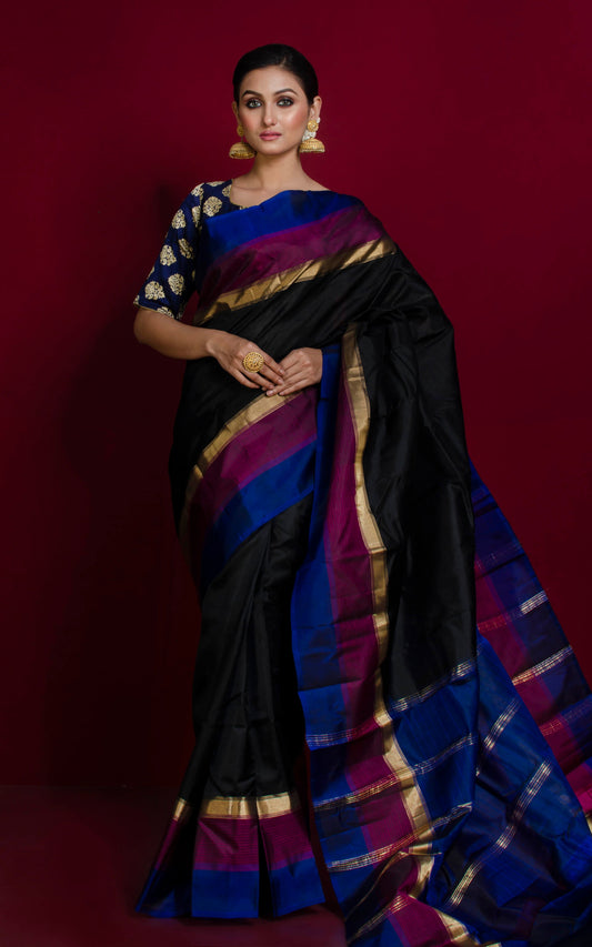 Soft Arani Pure Silk Saree in Pitch Black, Raisin Purple and Admiral Blue