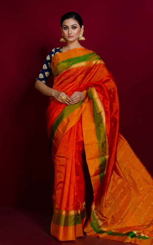 Soft Arani Pure Silk Saree in Orange, Marigold and Yellow Green