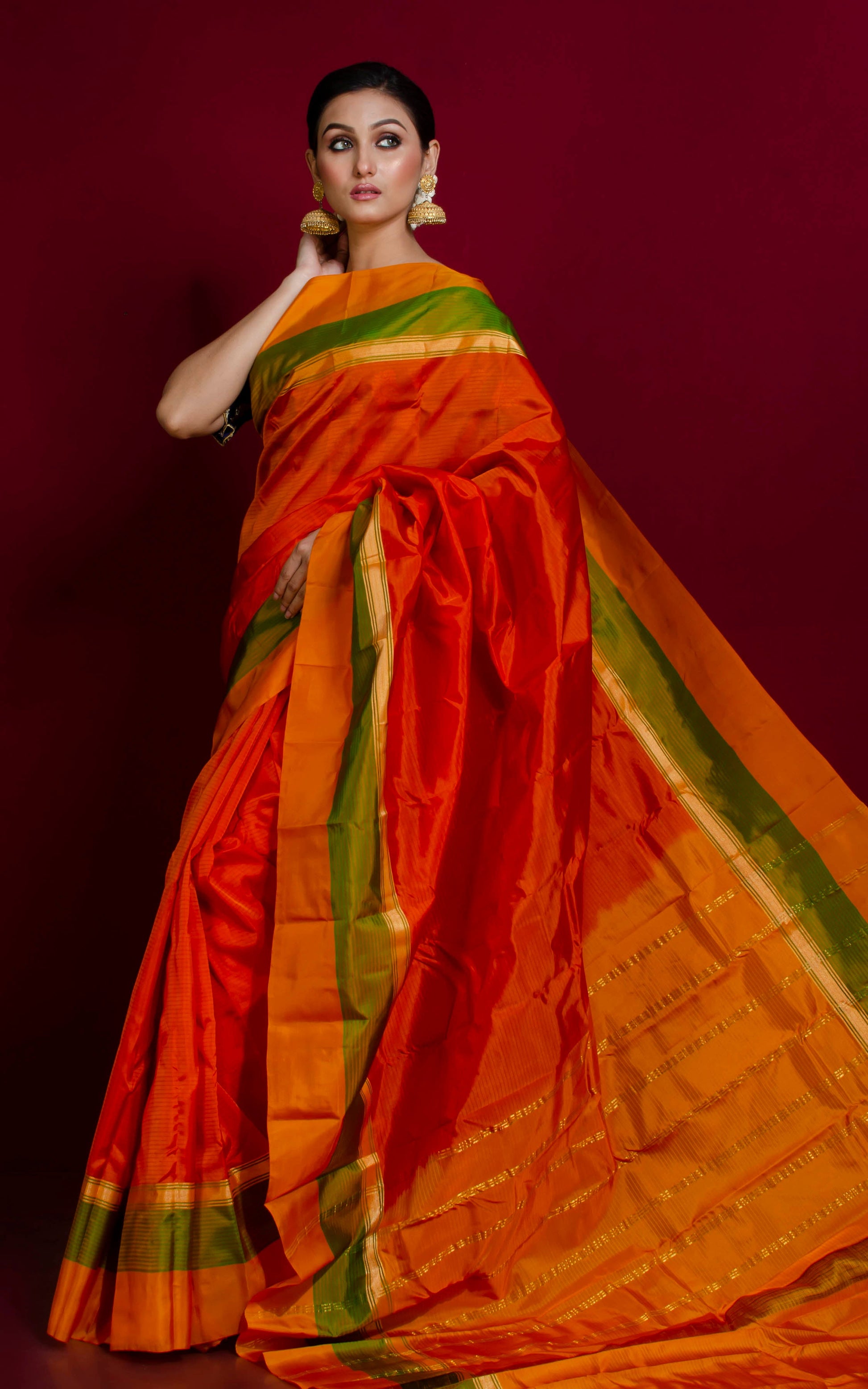 Soft Arani Pure Silk Saree in Orange, Marigold and Yellow Green