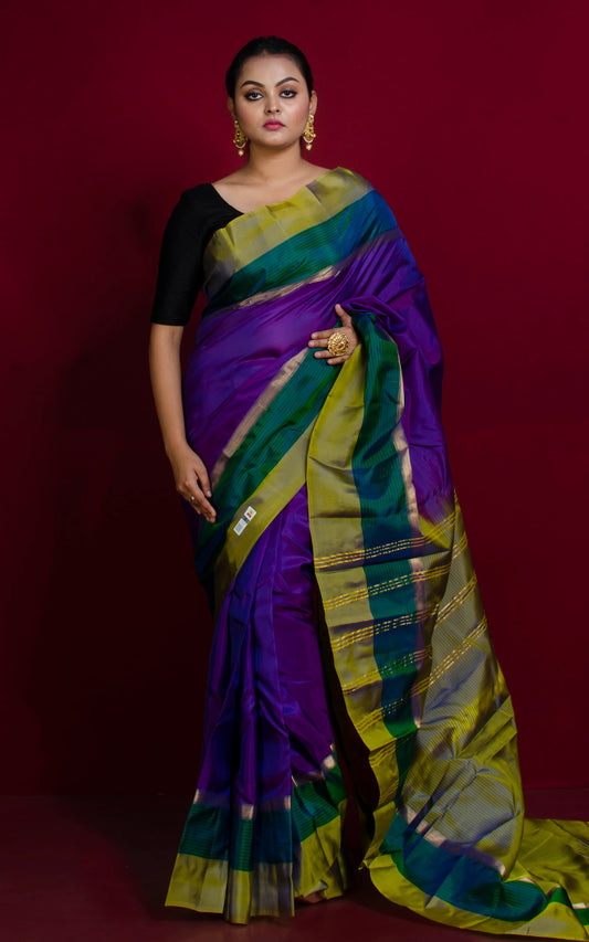 Soft Arani Pure Silk Saree in Russian Violet, Pine Green and Olive Green