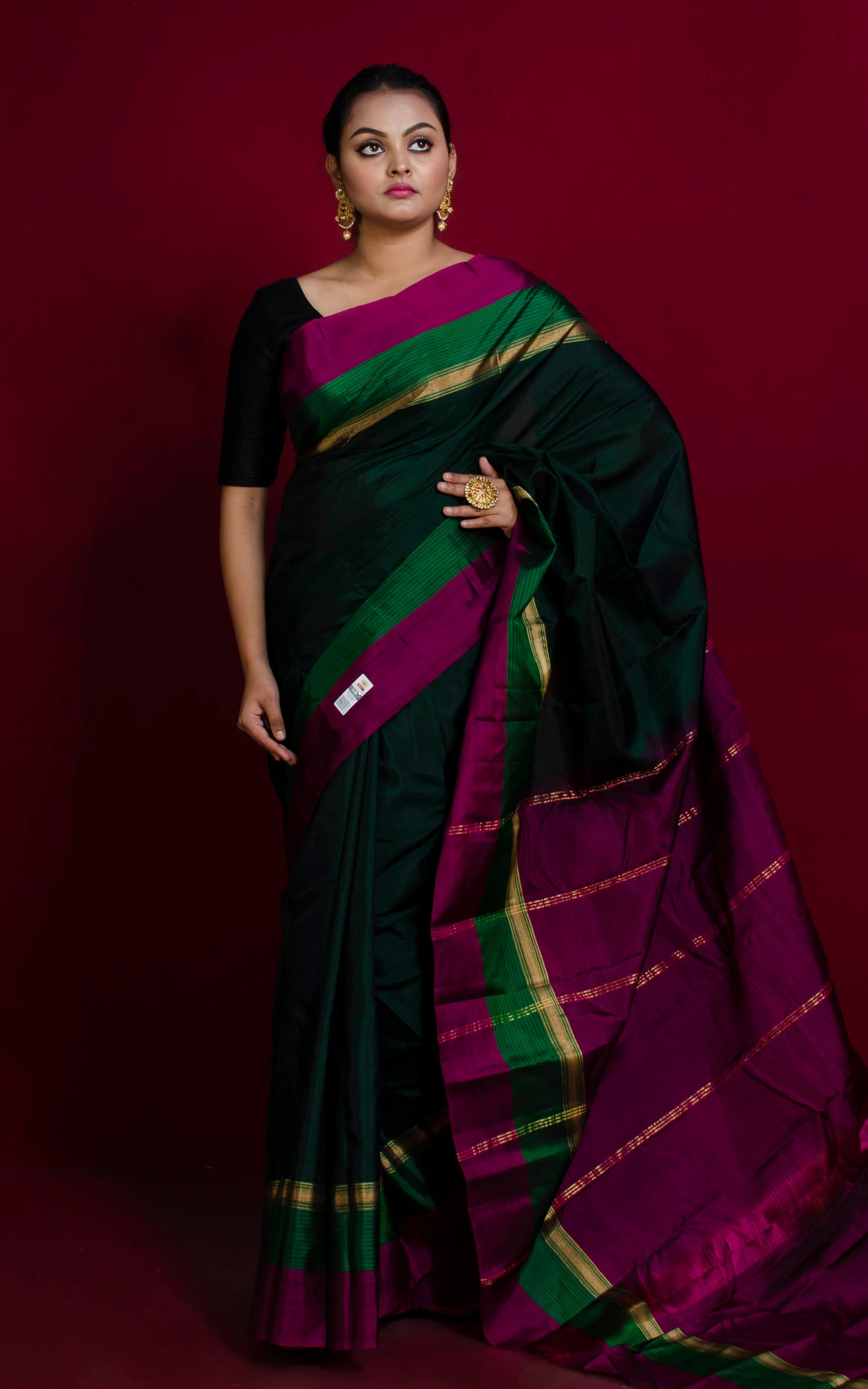 Soft Arani Pure Silk Saree in Dark Green, Forest Green and Purple