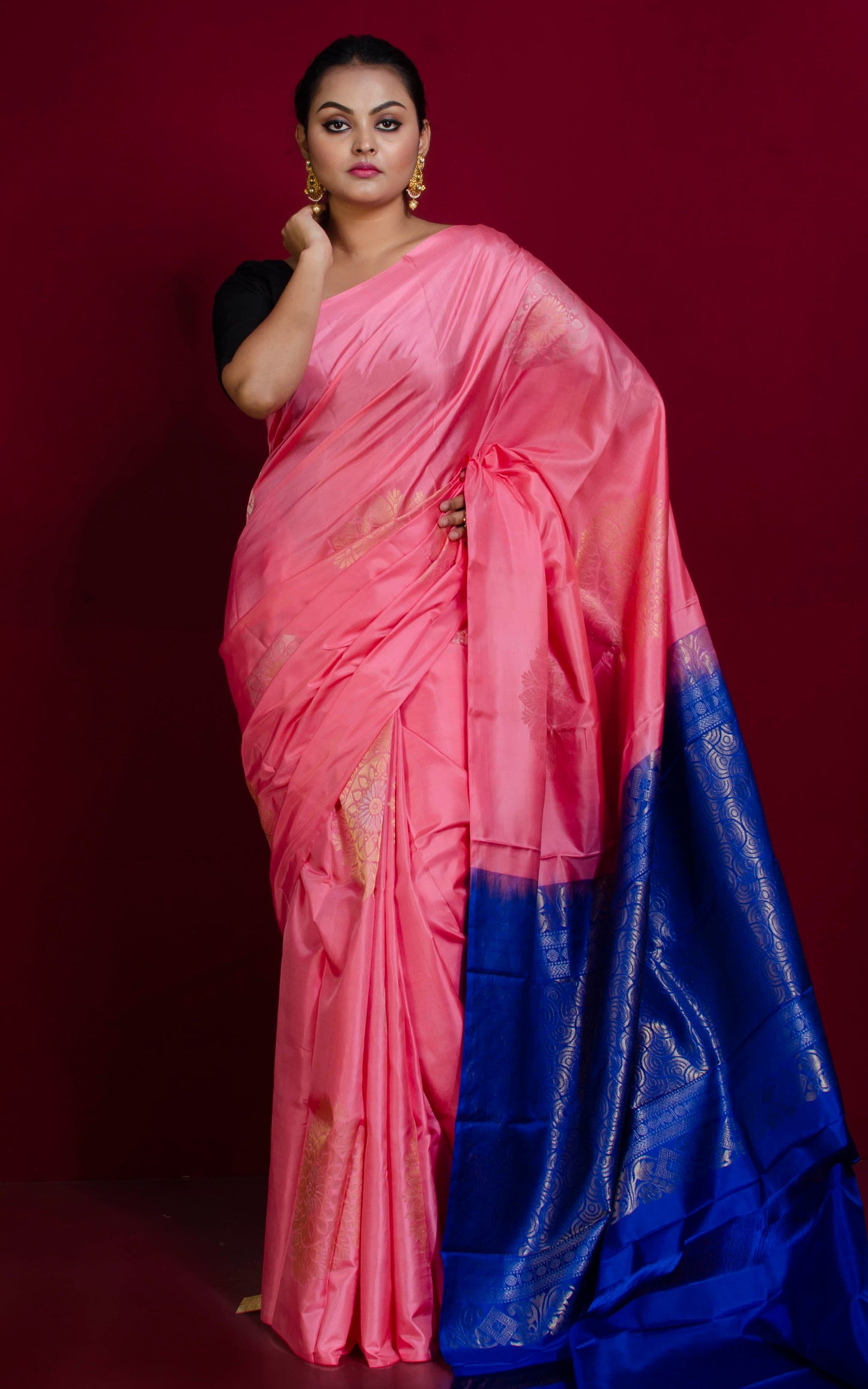 Soft Silk Poth Kanchipuram Silk Saree in French Pink, Navy Blue and Muted Gold