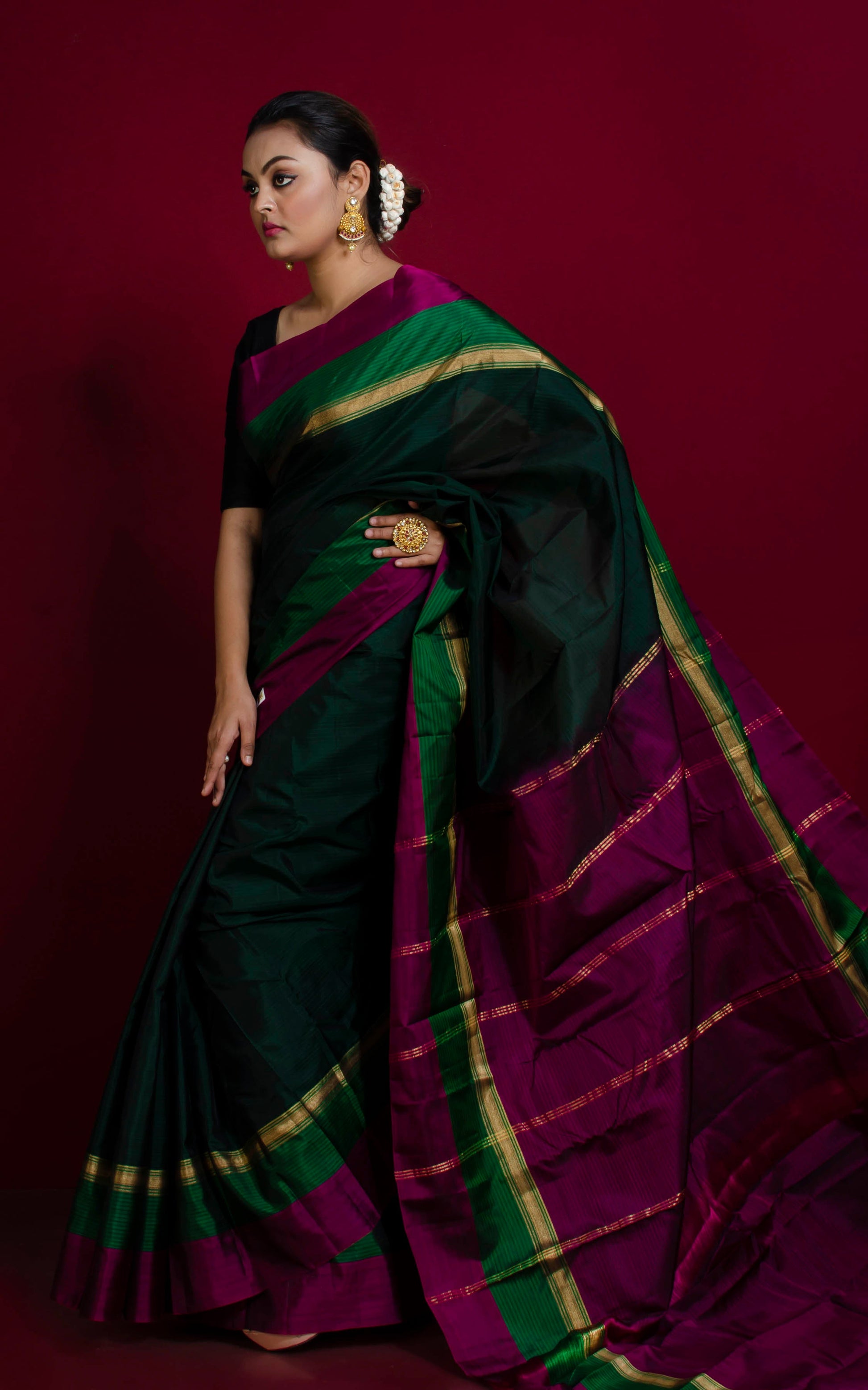 Soft Arani Pure Silk Saree in Dark Green, Forest Green and Purple