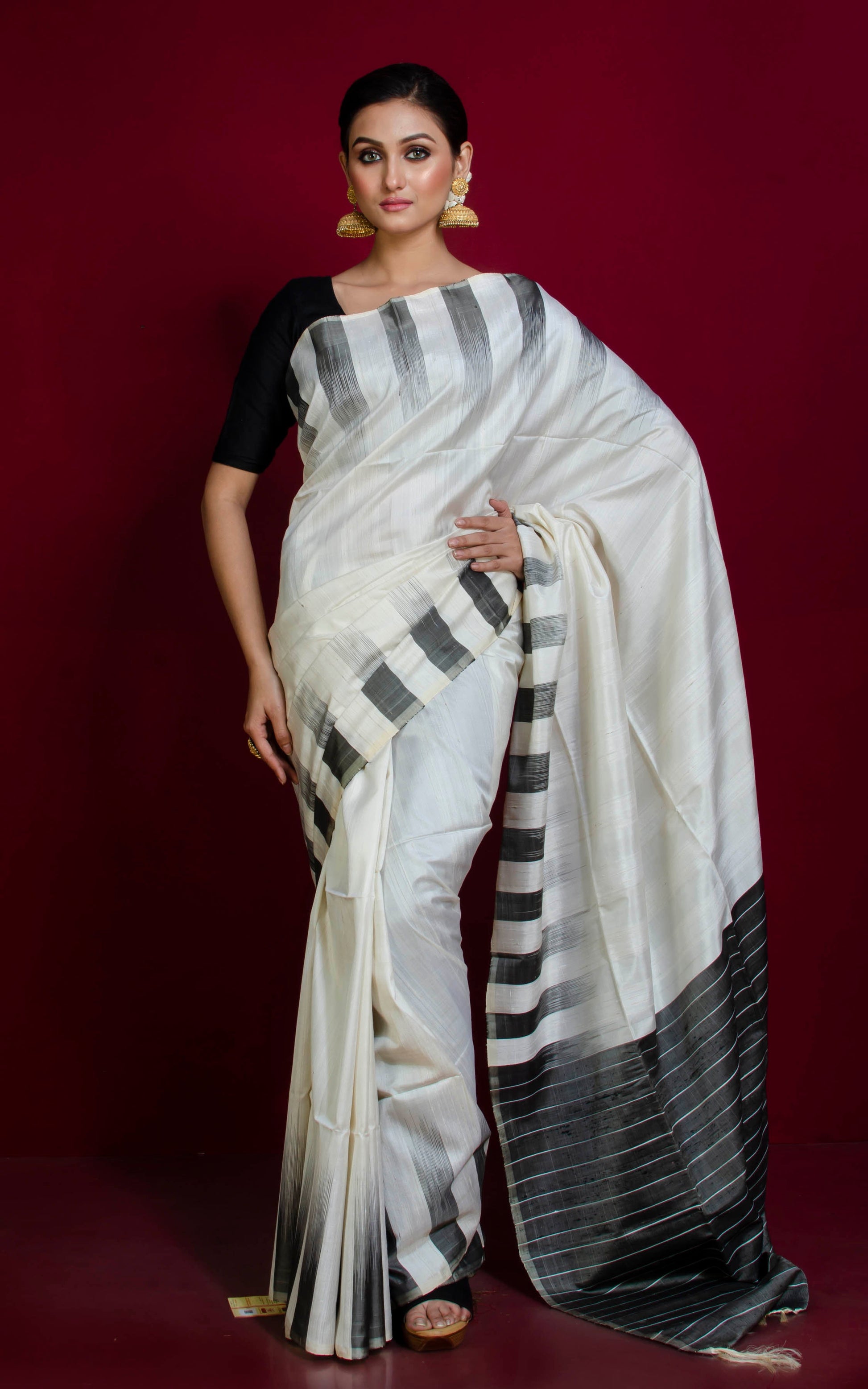 Soft Silk Kotki Border Kanchipuram Silk Saree in Porcelain White and Black