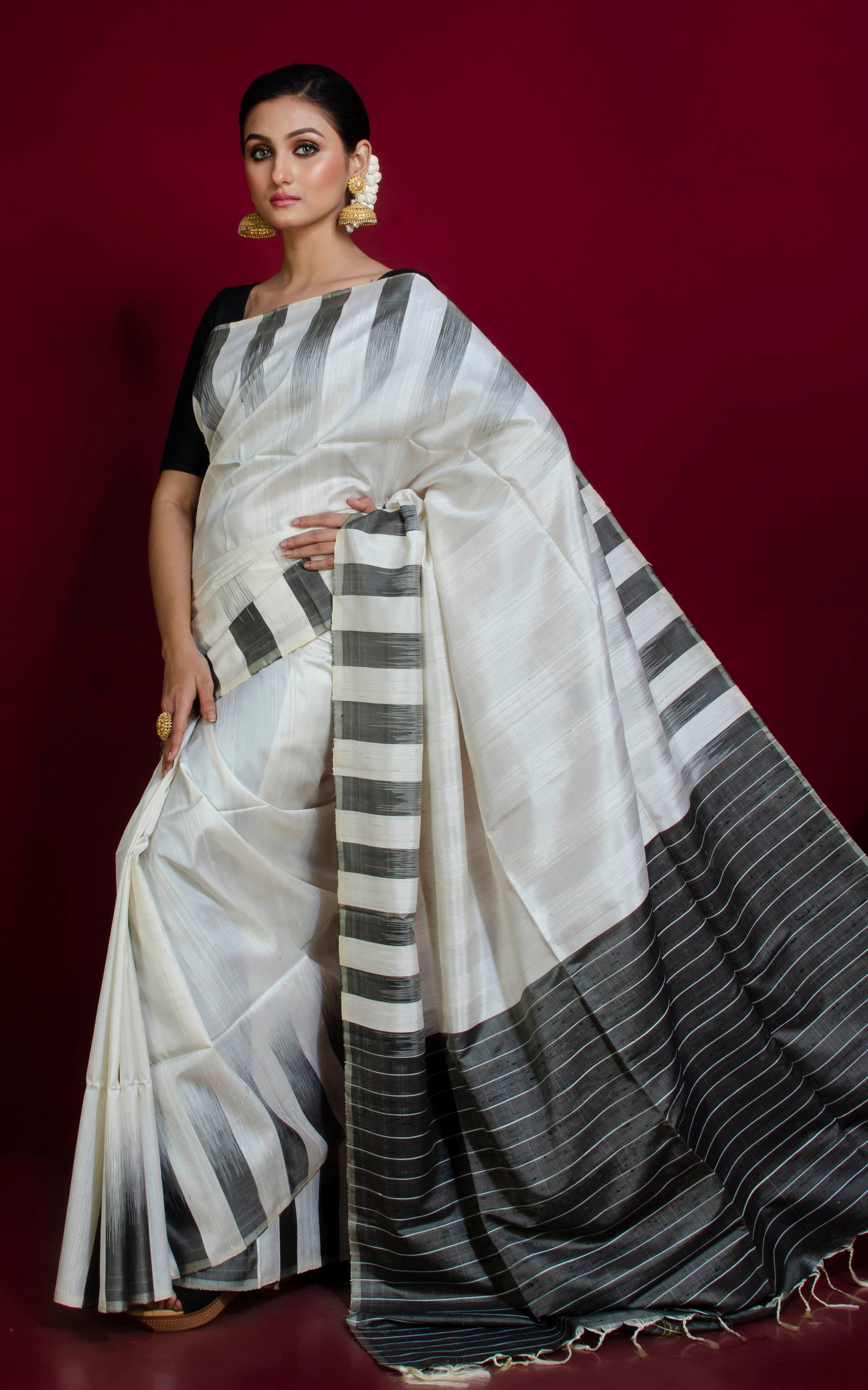 Soft Silk Kotki Border Kanchipuram Silk Saree in Porcelain White and Black