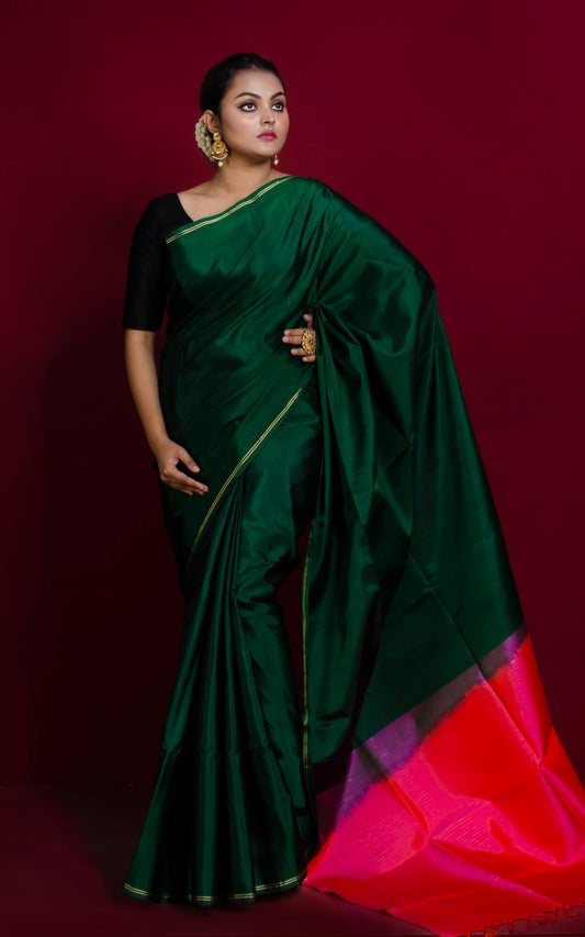 Soft Silk Kanchipuram Silk Saree in Sacramento Green, Raspberry Pink and Gold Zari Work