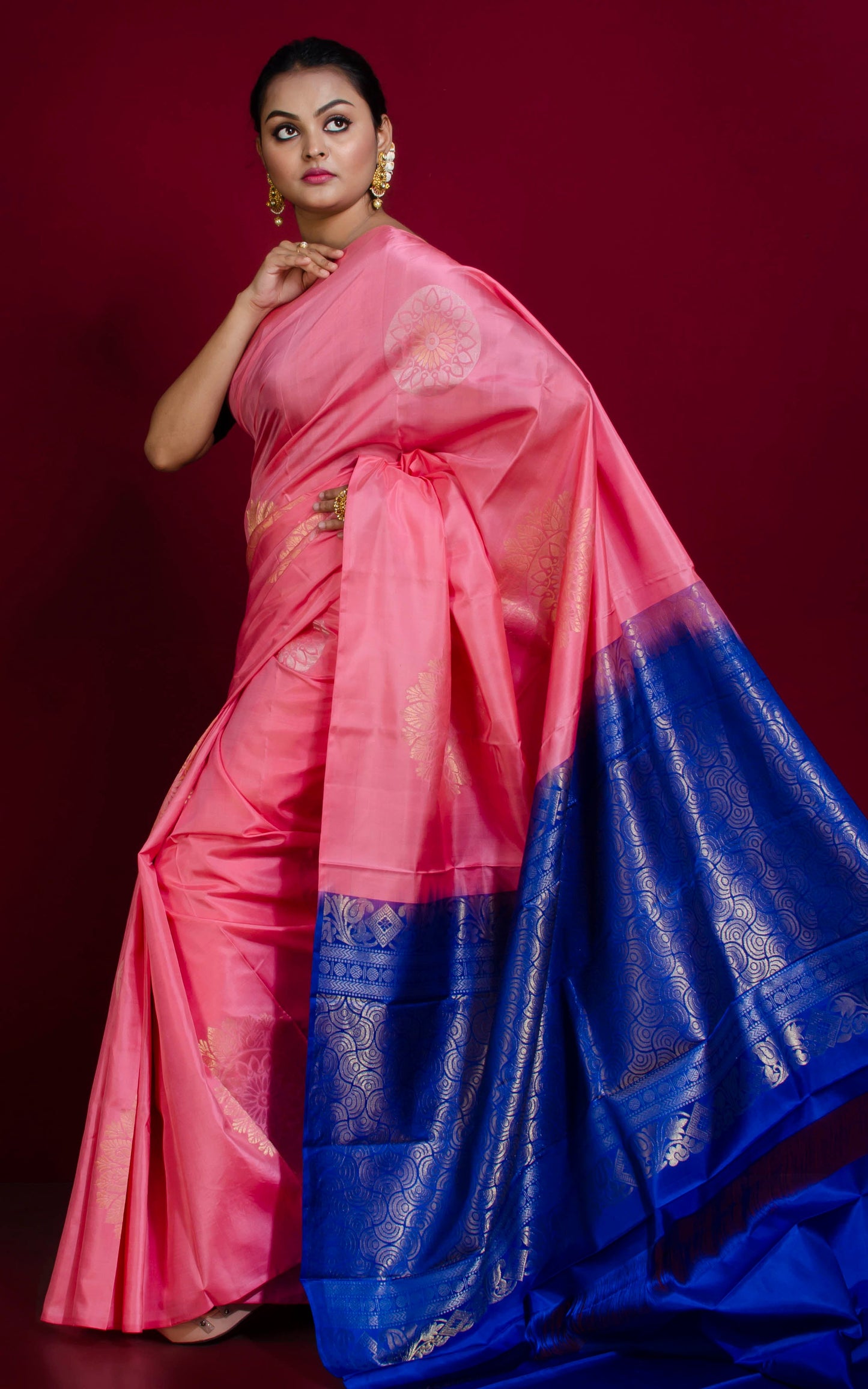 Soft Silk Poth Kanchipuram Silk Saree in French Pink, Navy Blue and Muted Gold