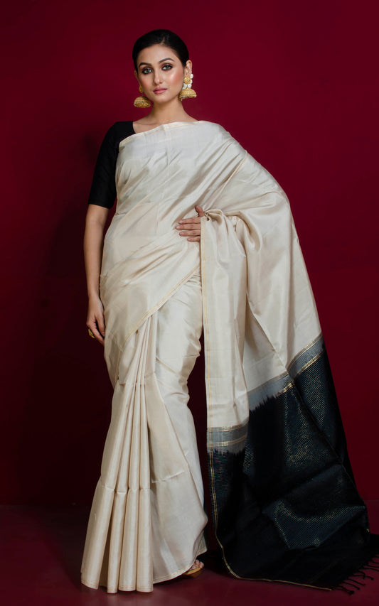 Soft Silk Kanchipuram Silk Saree in Ivory White, Raven Black and Gold Zari Work