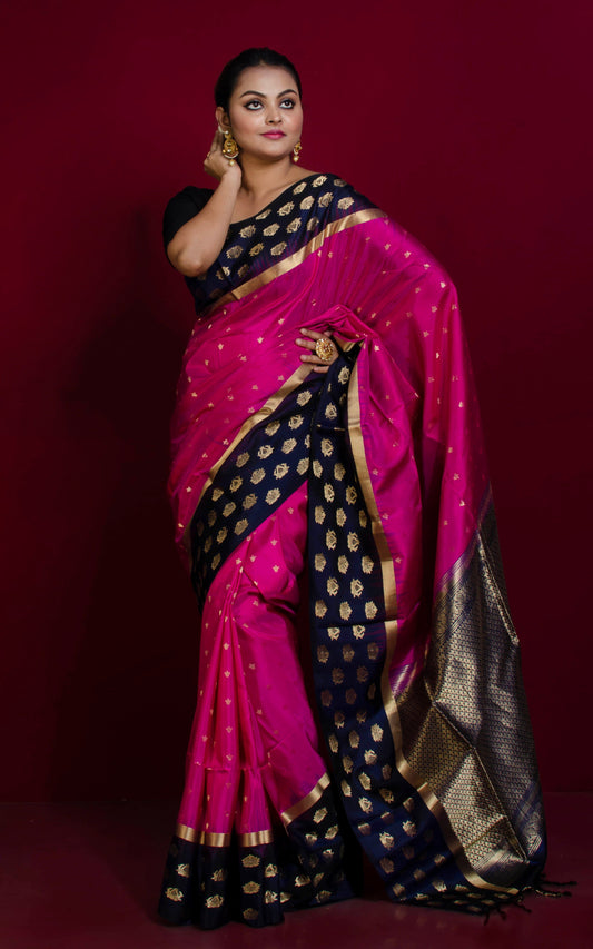 Soft Silk Floral Nakshi Motif Border Kanchipuram Silk Saree in Magenta, Midnight Blue and Brush Gold