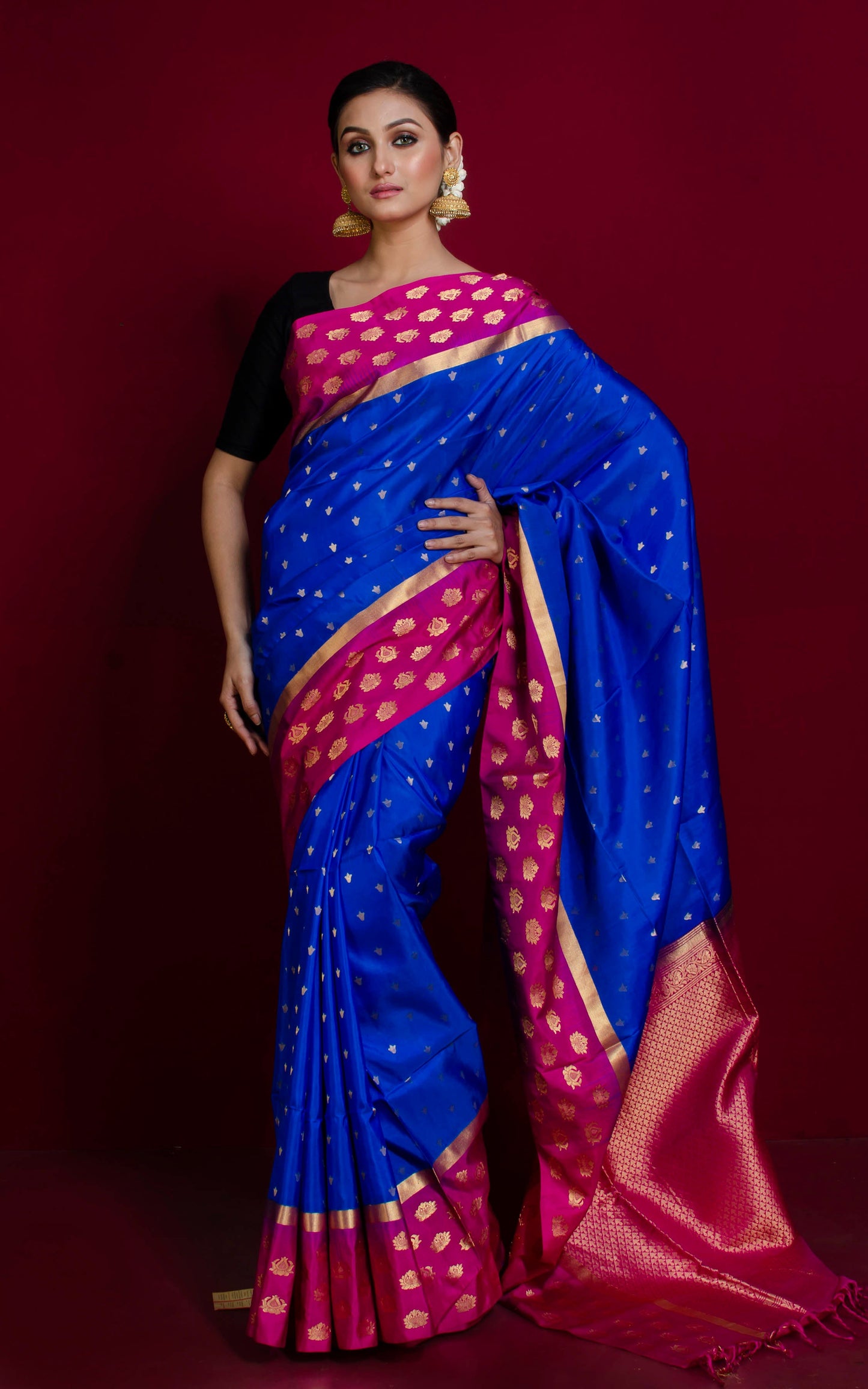 Soft Silk Floral Nakshi Motif Border Kanchipuram Silk Saree in Sapphire Blue, Hot Pink and Brush Gold