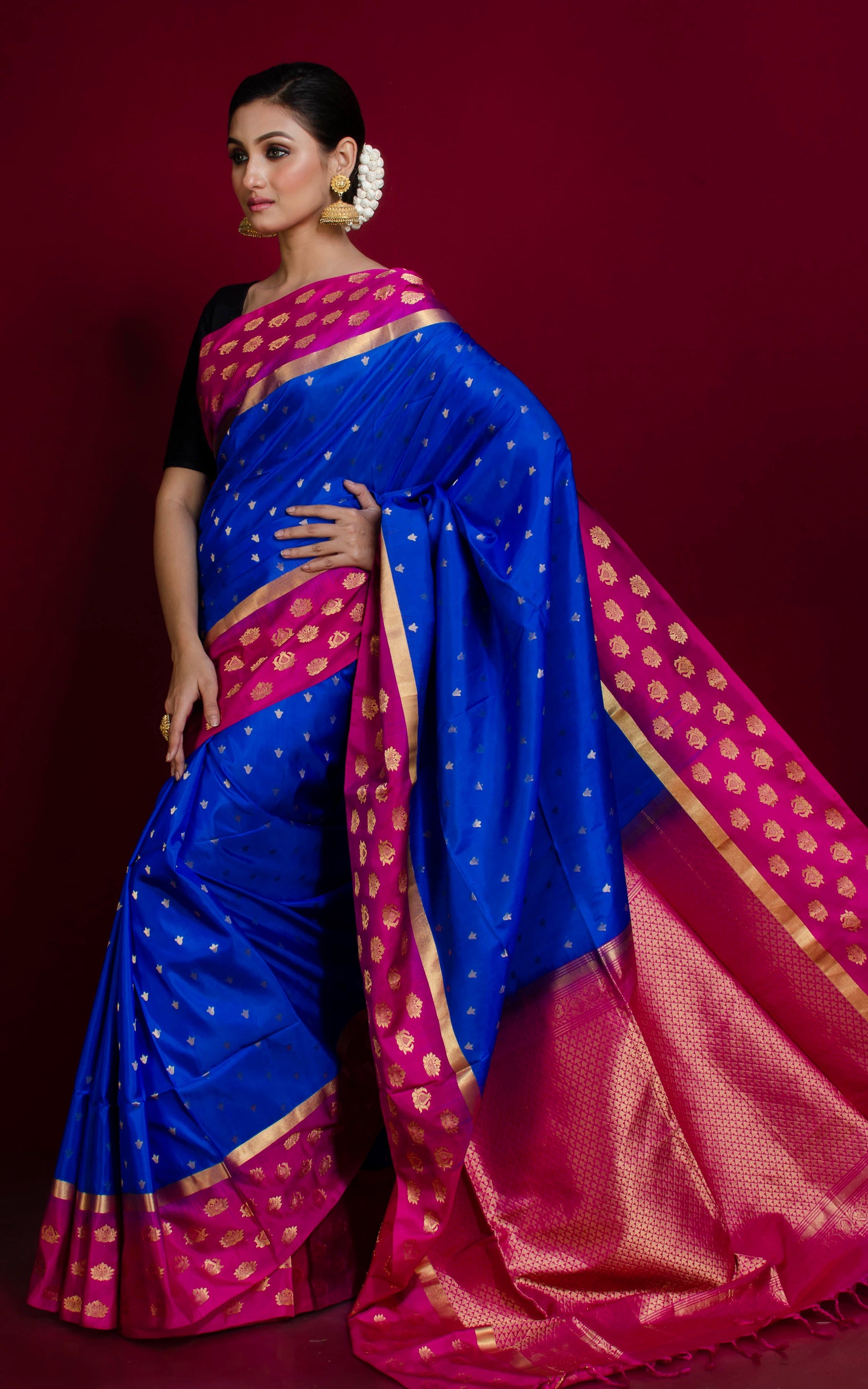 Soft Silk Floral Nakshi Motif Border Kanchipuram Silk Saree in Sapphire Blue, Hot Pink and Brush Gold