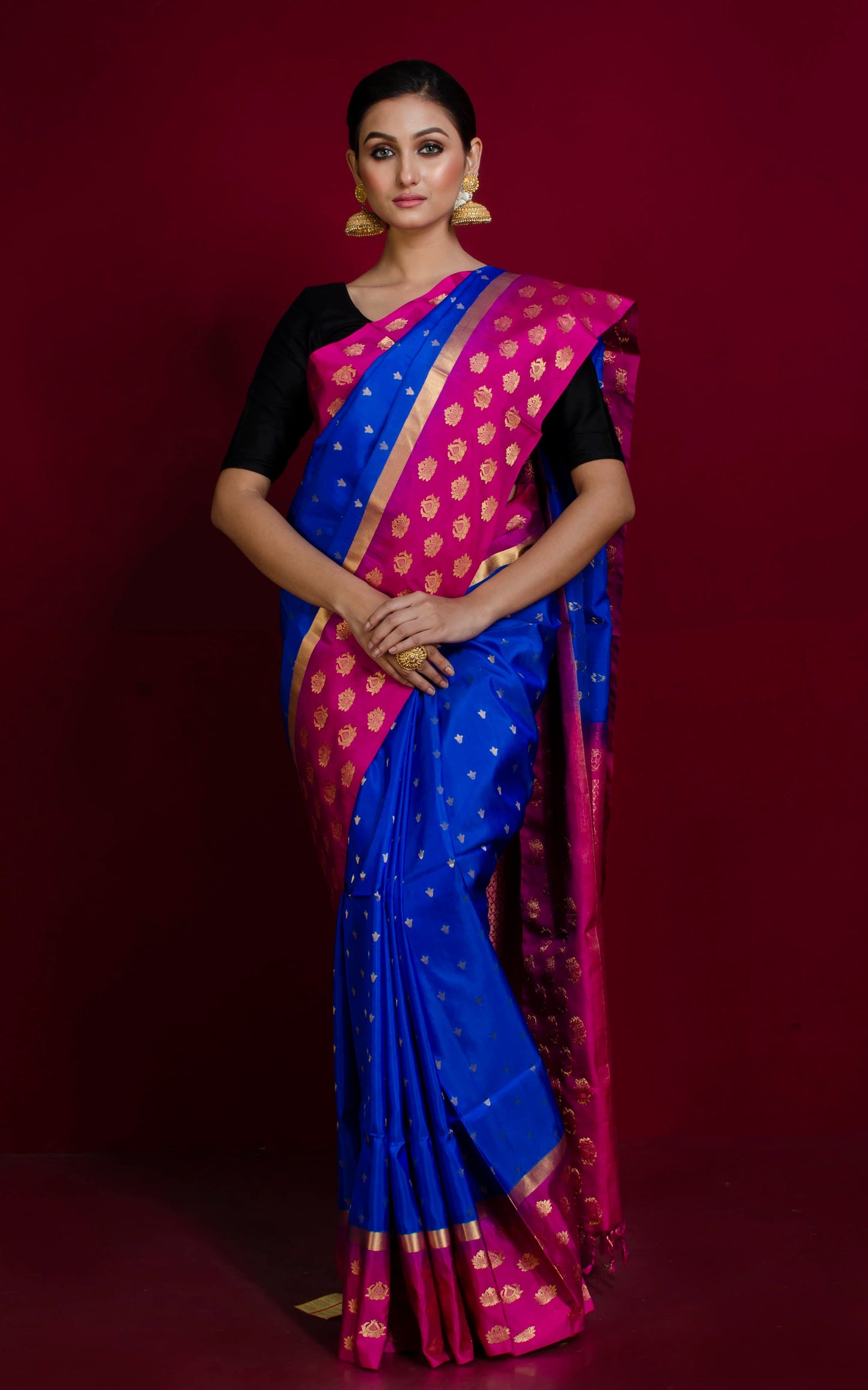 Soft Silk Floral Nakshi Motif Border Kanchipuram Silk Saree in Sapphire Blue, Hot Pink and Brush Gold