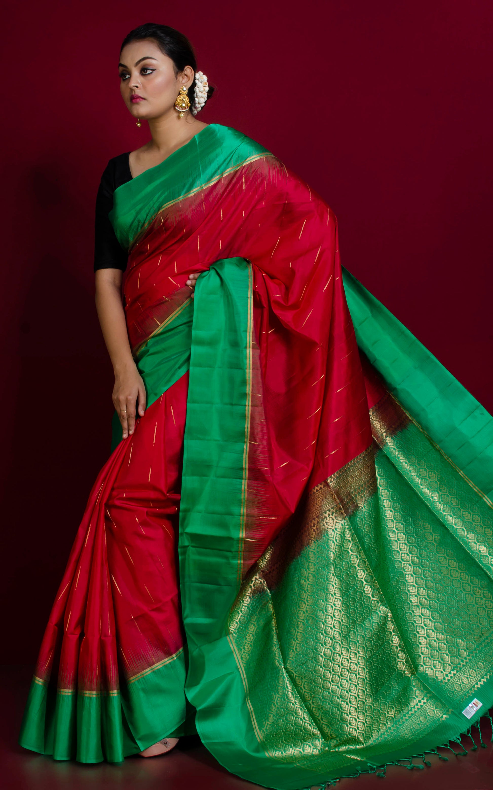 Premium Quality Soft Silk Kotki Border Kanchipuram Silk Saree in Cherry Red, Aquamarine Green and Rain Drop Woven Gold Zari Butta