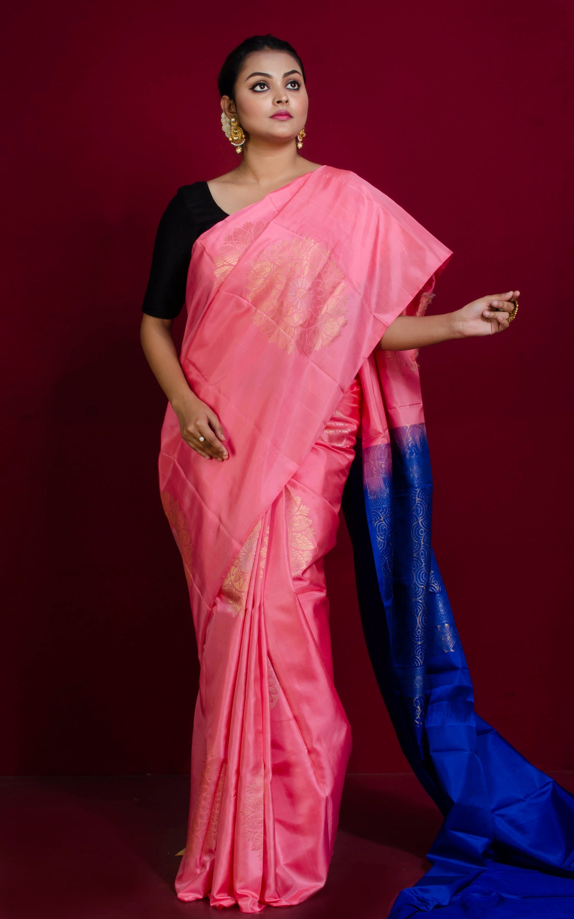 Soft Silk Poth Kanchipuram Silk Saree in French Pink, Navy Blue and Muted Gold