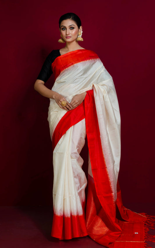 Premium Quality Soft Silk Kotki Border Kanchipuram Silk Saree in White, Red and Gold