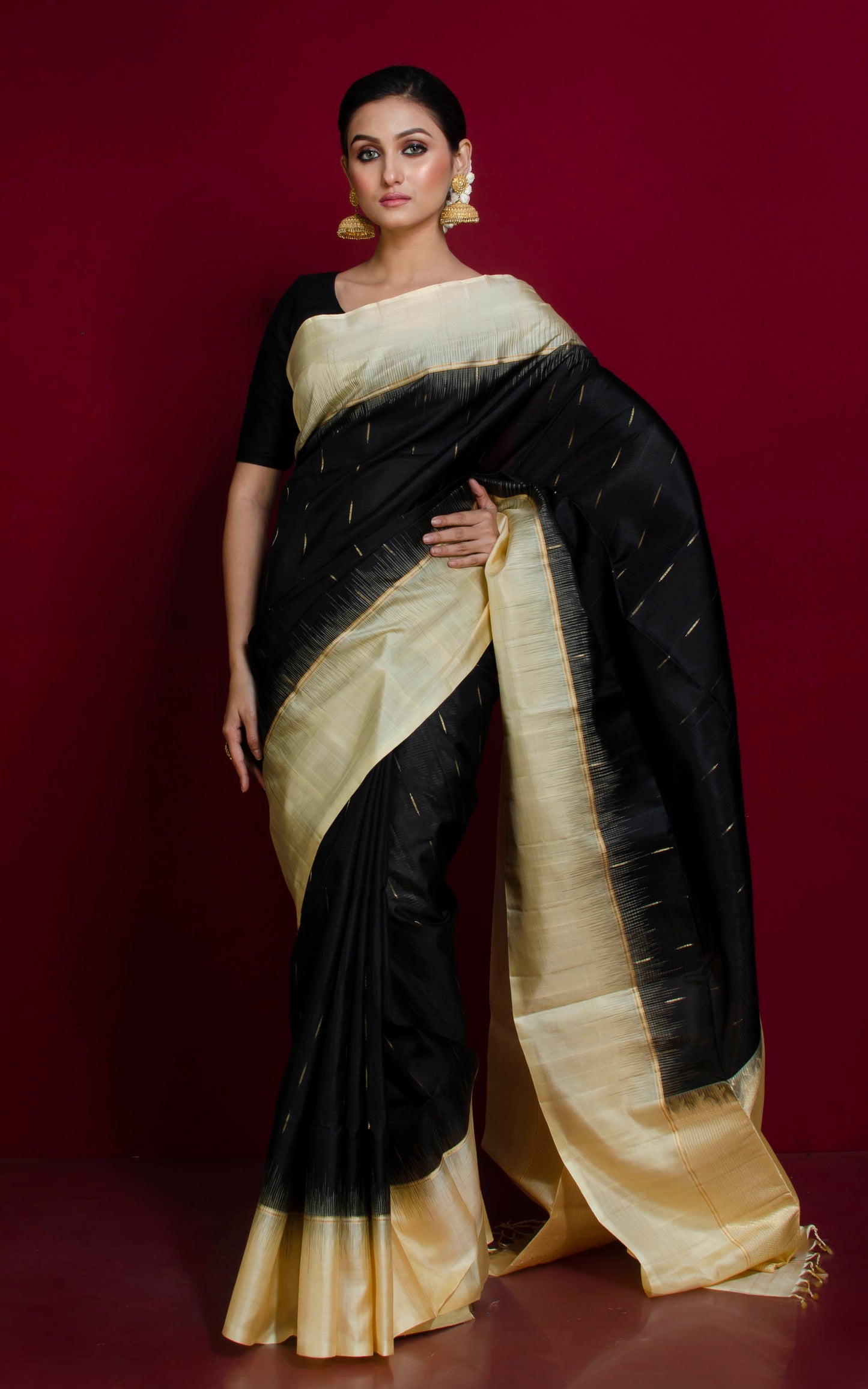 Premium Quality Soft Silk Kotki Border Kanchipuram Silk Saree in Black, Corn Silk and Rain Drop Woven Gold Zari Butta