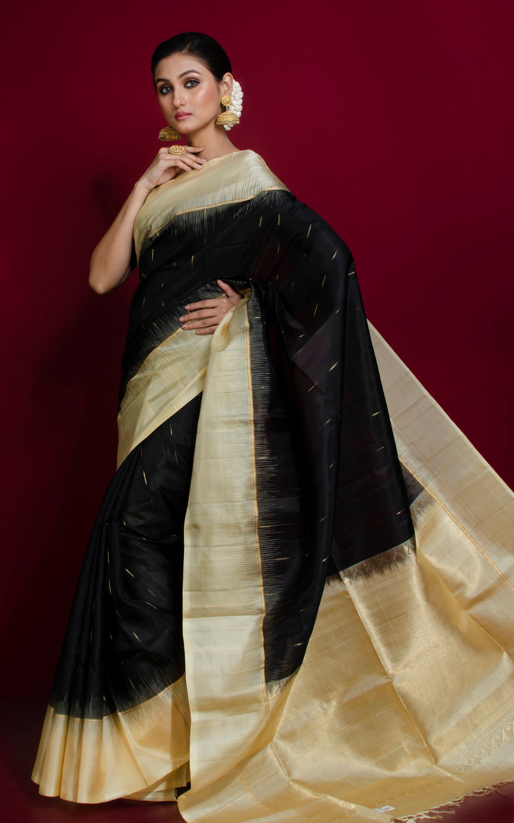 Premium Quality Soft Silk Kotki Border Kanchipuram Silk Saree in Black, Corn Silk and Rain Drop Woven Gold Zari Butta