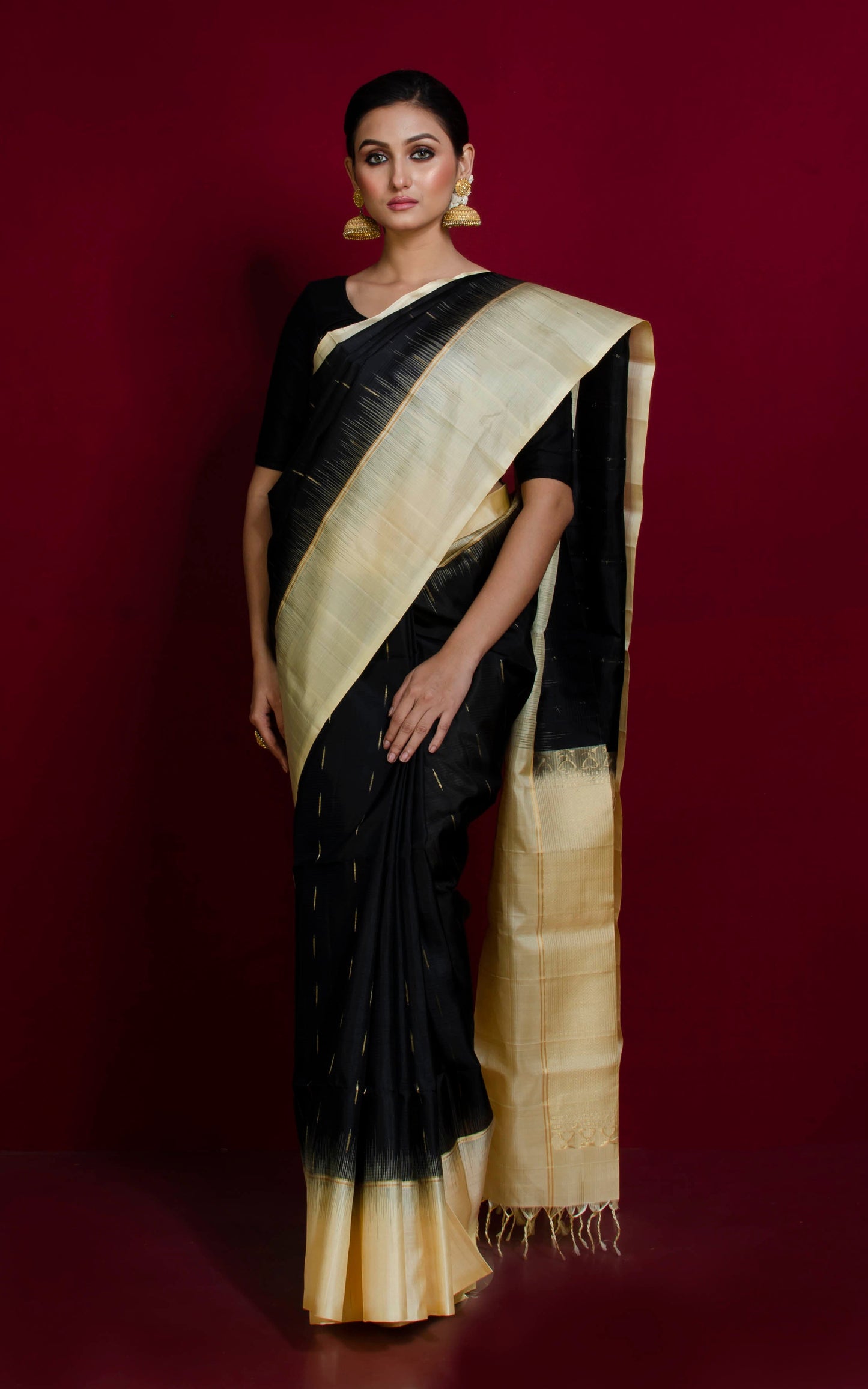 Premium Quality Soft Silk Kotki Border Kanchipuram Silk Saree in Black, Corn Silk and Rain Drop Woven Gold Zari Butta