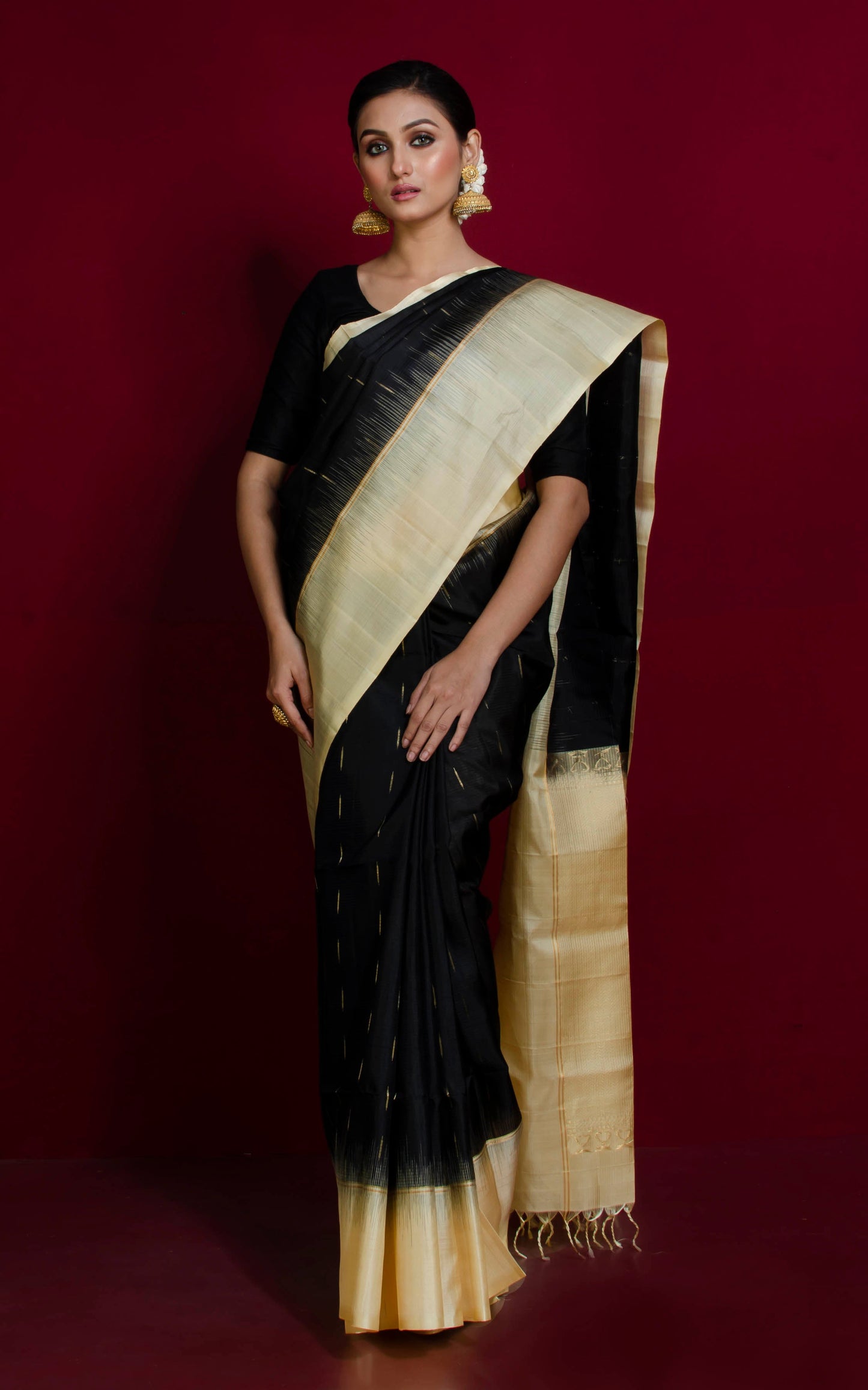 Premium Quality Soft Silk Kotki Border Kanchipuram Silk Saree in Black, Corn Silk and Rain Drop Woven Gold Zari Butta