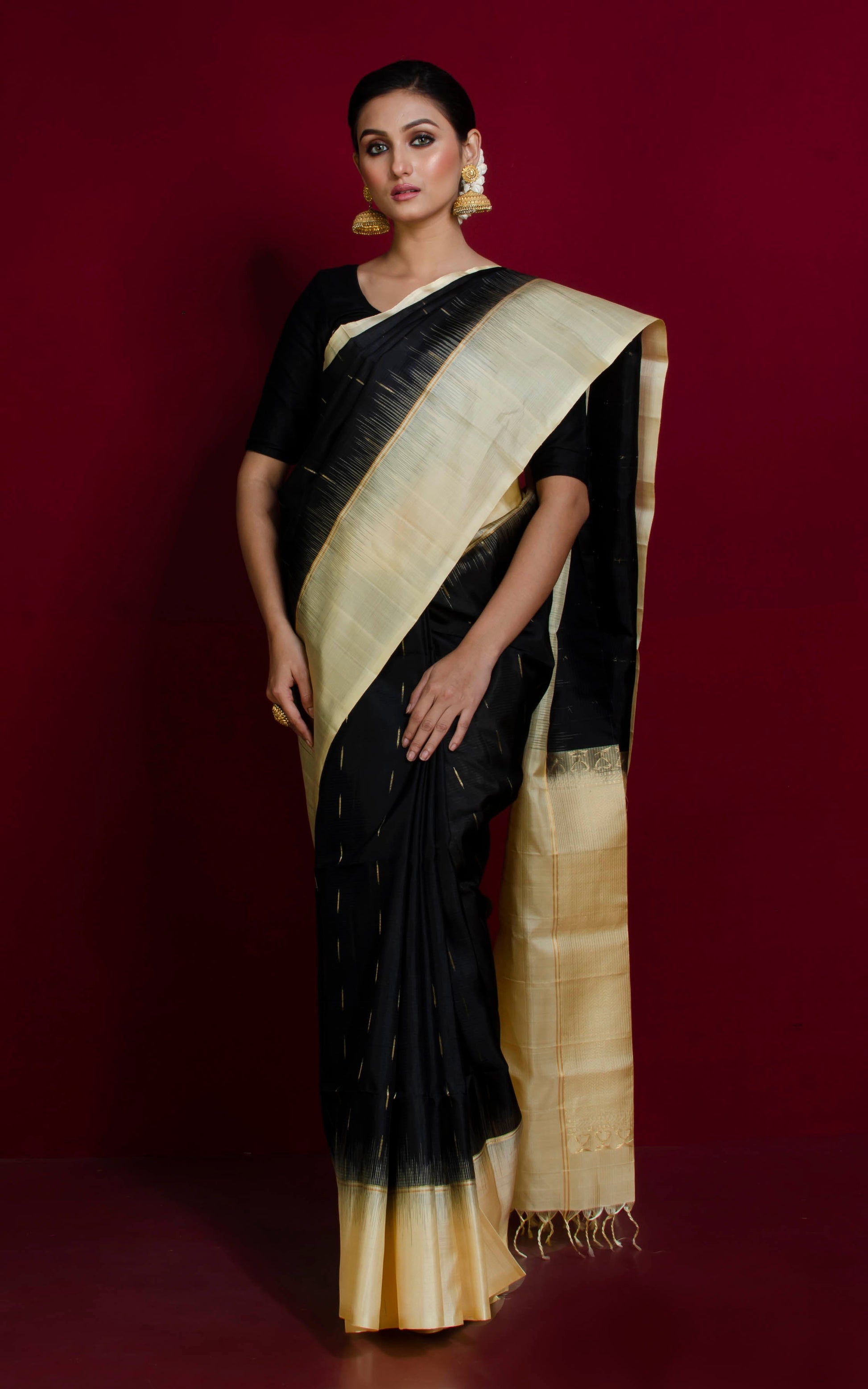 Premium Quality Soft Silk Kotki Border Kanchipuram Silk Saree in Black, Corn Silk and Rain Drop Woven Gold Zari Butta