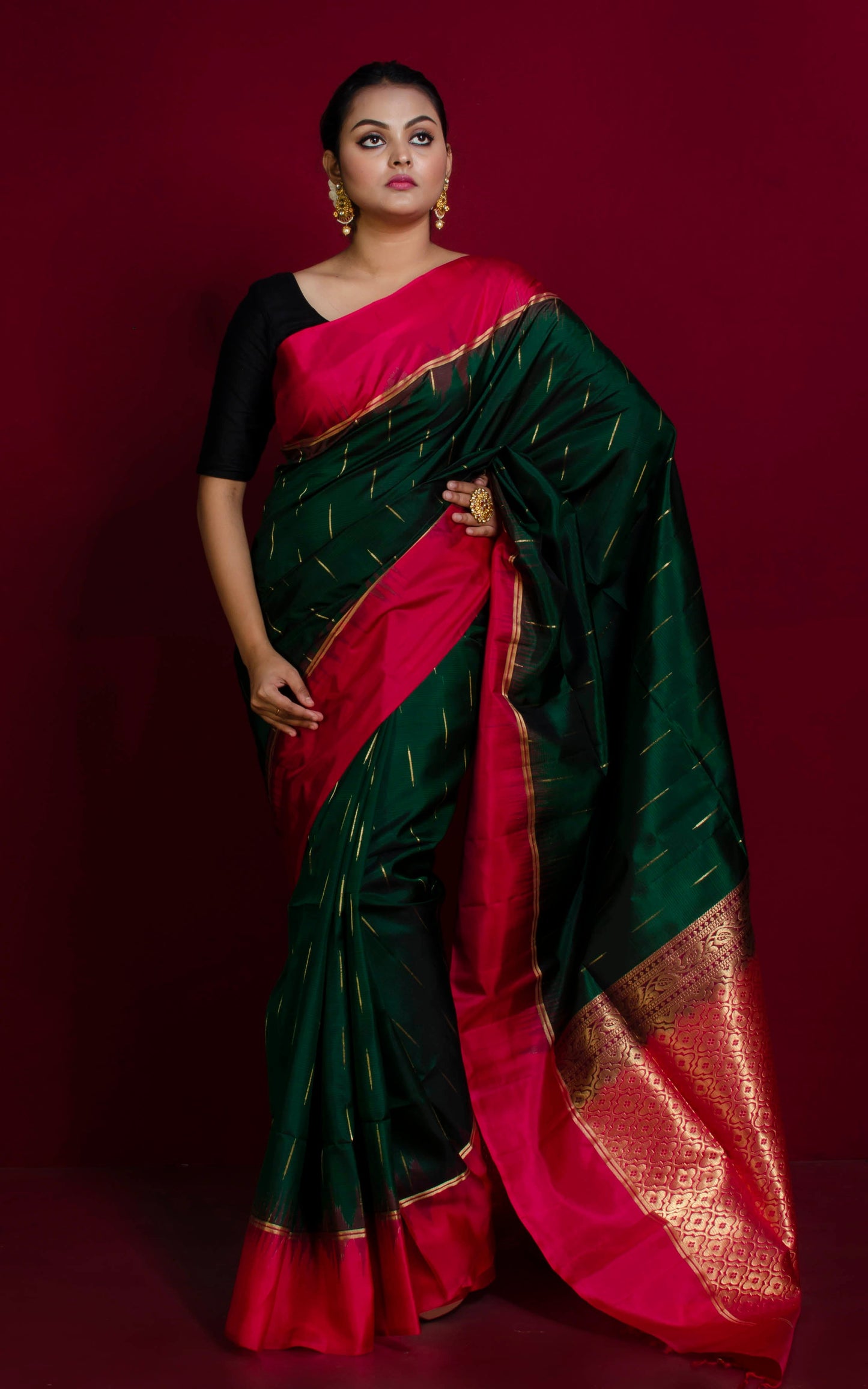 Premium Quality Soft Silk Kotki Border Kanchipuram Silk Saree in Phthalo Green, Cherry Red and Rain Drop Woven Gold Zari Butta