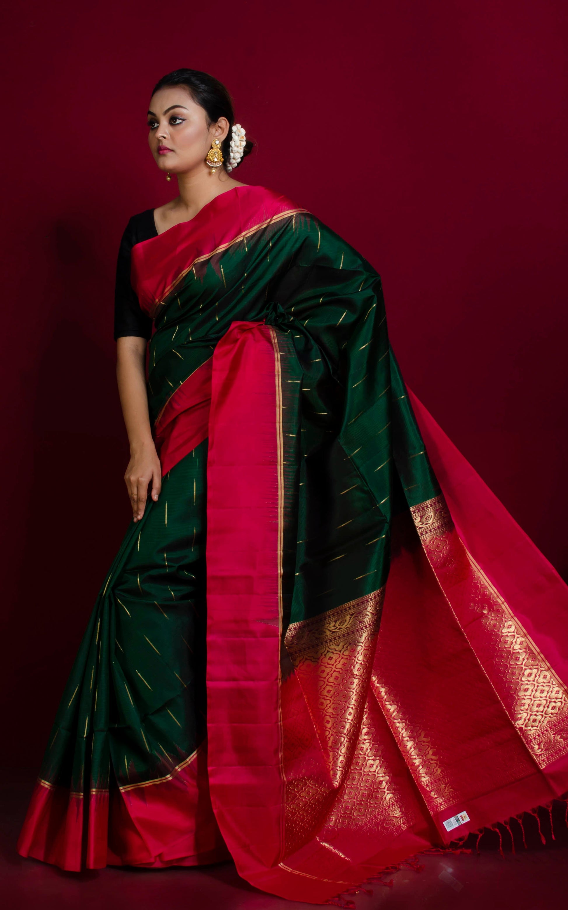 Premium Quality Soft Silk Kotki Border Kanchipuram Silk Saree in Phthalo Green, Cherry Red and Rain Drop Woven Gold Zari Butta