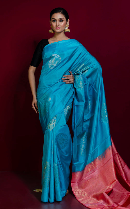 Soft Silk Poth Kanchipuram Silk Saree in Cyan, French Pink and Muted Gold