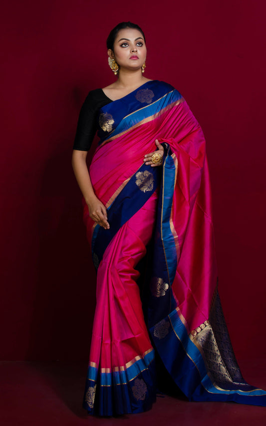 Soft Silk Metro Nakshi Border Kanchipuram Silk Saree in Cerise Pink, Dark Indigo Blue, Cobalt Blue and Brush Gold