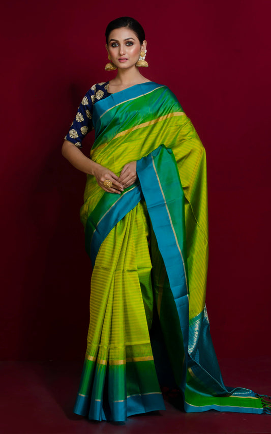 Soft Silk Metro Border Kanchipuram Silk Saree in Sheen Green, Jade, Cerulean Blue and Brush Gold