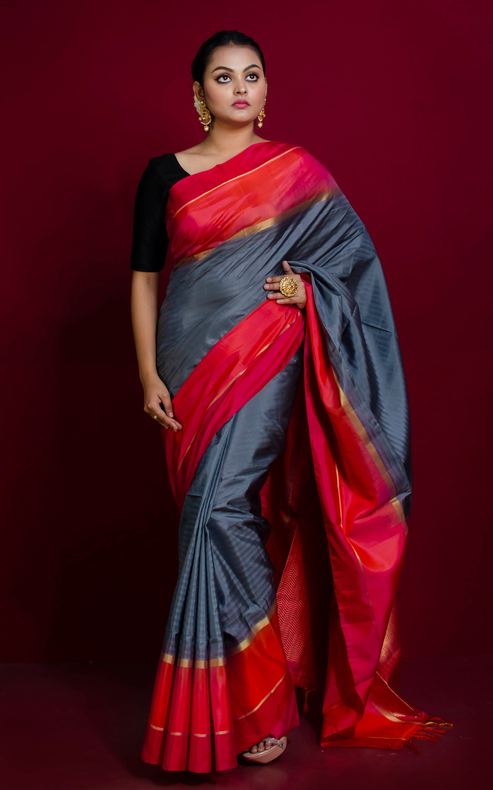 Soft Silk Metro Border Kanchipuram Silk Saree in Slate Grey, Starfish Orange, Cherry Red and Brush Gold