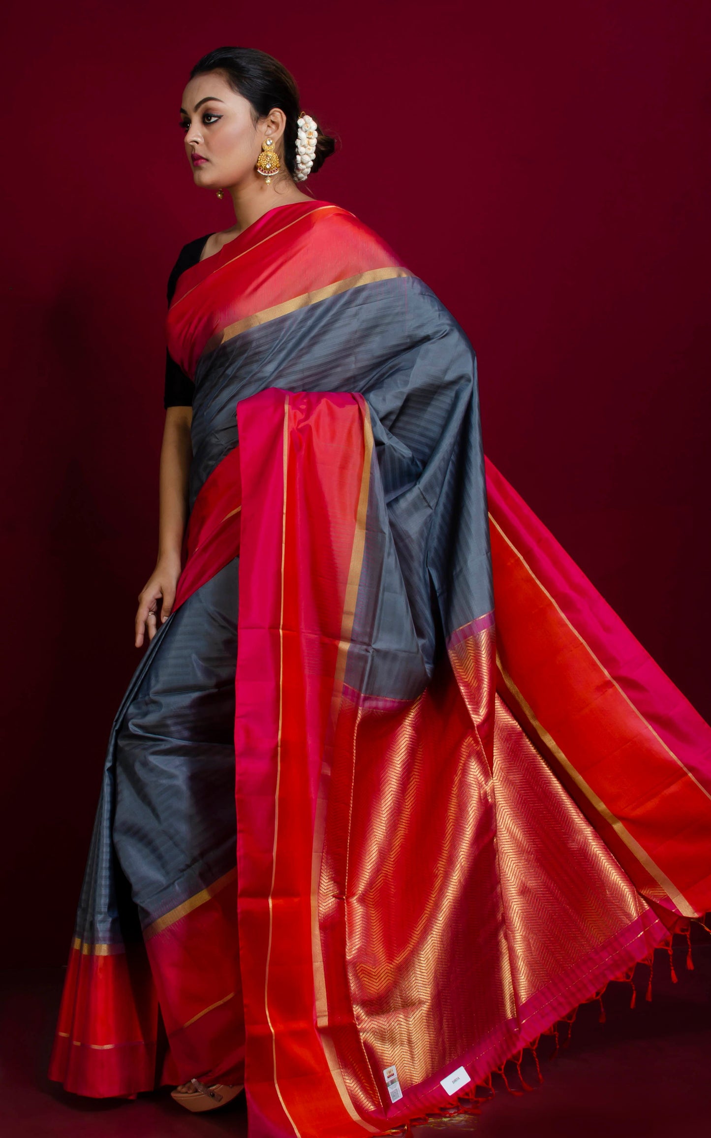 Soft Silk Metro Border Kanchipuram Silk Saree in Slate Grey, Starfish Orange, Cherry Red and Brush Gold